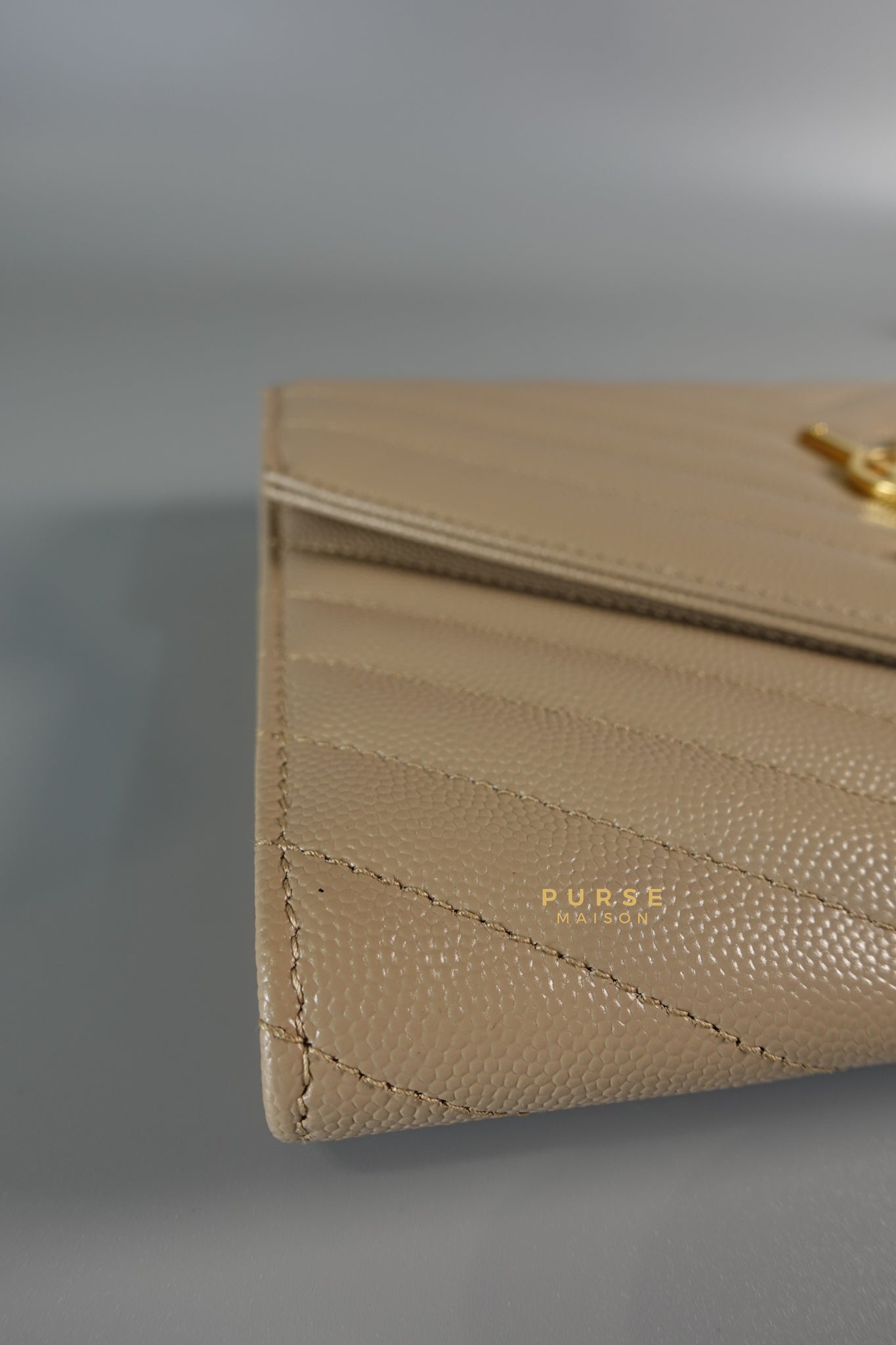 Cassandre Matelasśe Flap Clutch in Beige & Gold Hardware | Purse Maison Luxury Bags Shop