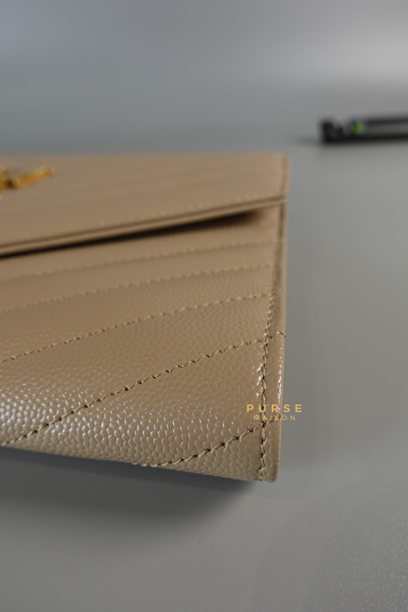 Cassandre Matelasśe Flap Clutch in Beige & Gold Hardware | Purse Maison Luxury Bags Shop