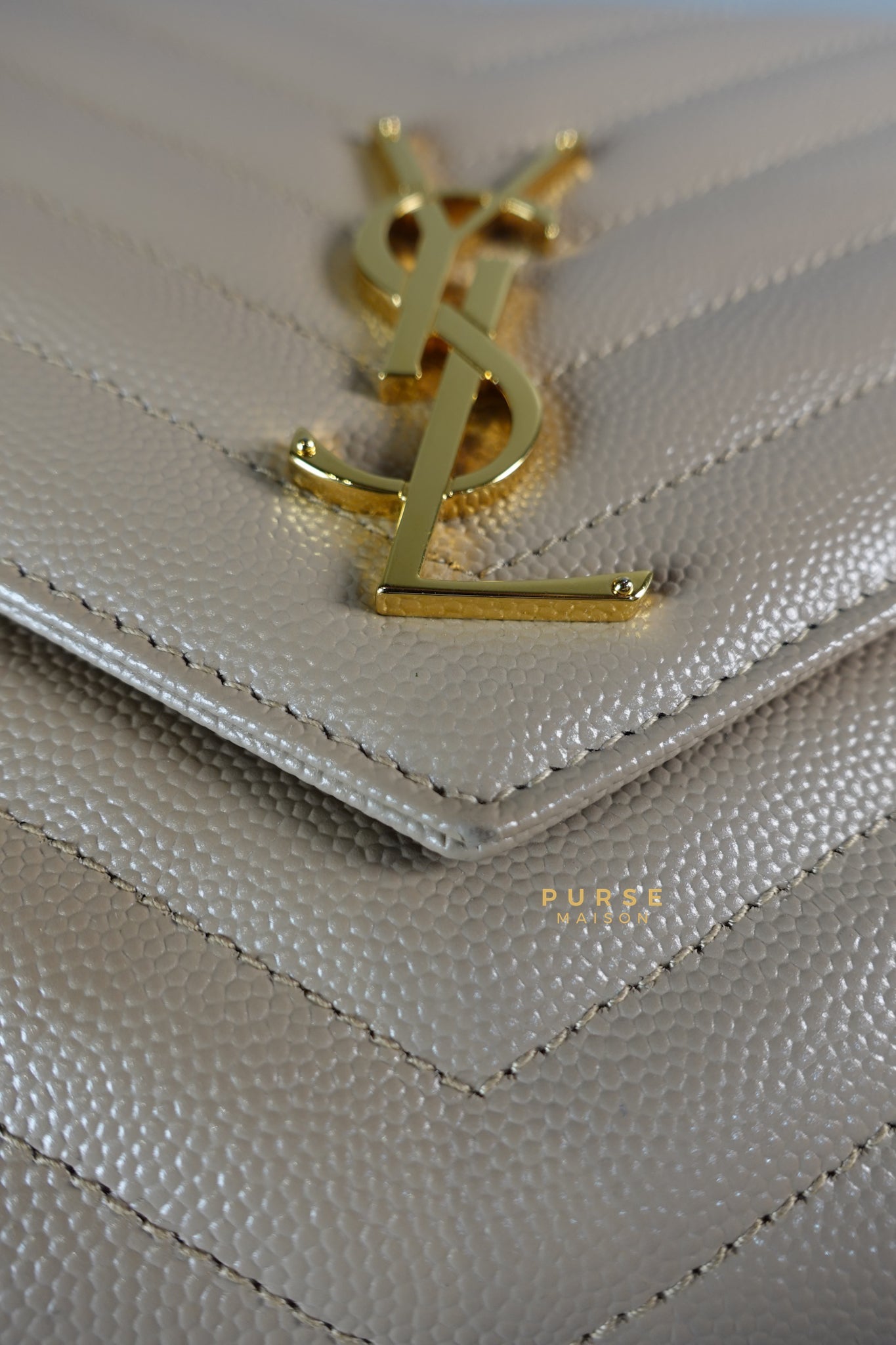 Cassandre Matelasśe Flap Clutch in Beige & Gold Hardware | Purse Maison Luxury Bags Shop