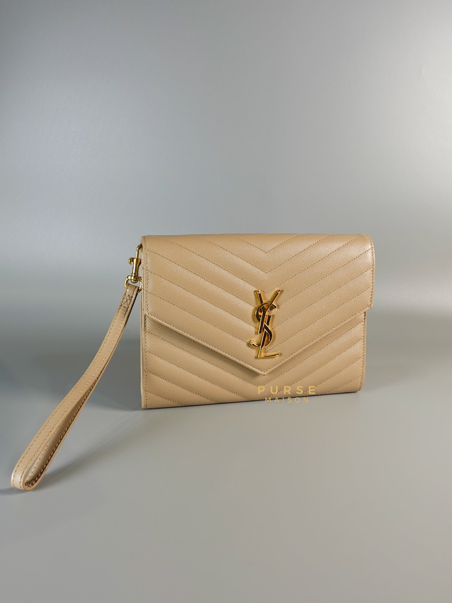 Cassandre Matelasśe Flap Clutch in Beige & Gold Hardware | Purse Maison Luxury Bags Shop