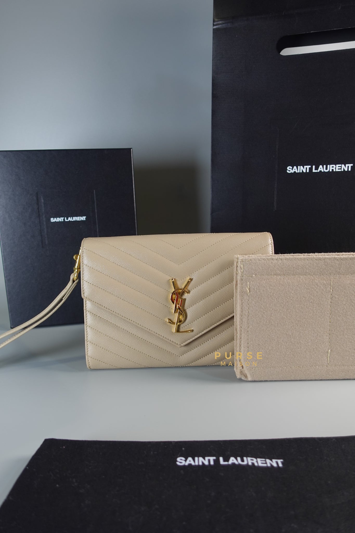 Cassandre Matelasśe Flap Clutch in Beige & Gold Hardware | Purse Maison Luxury Bags Shop