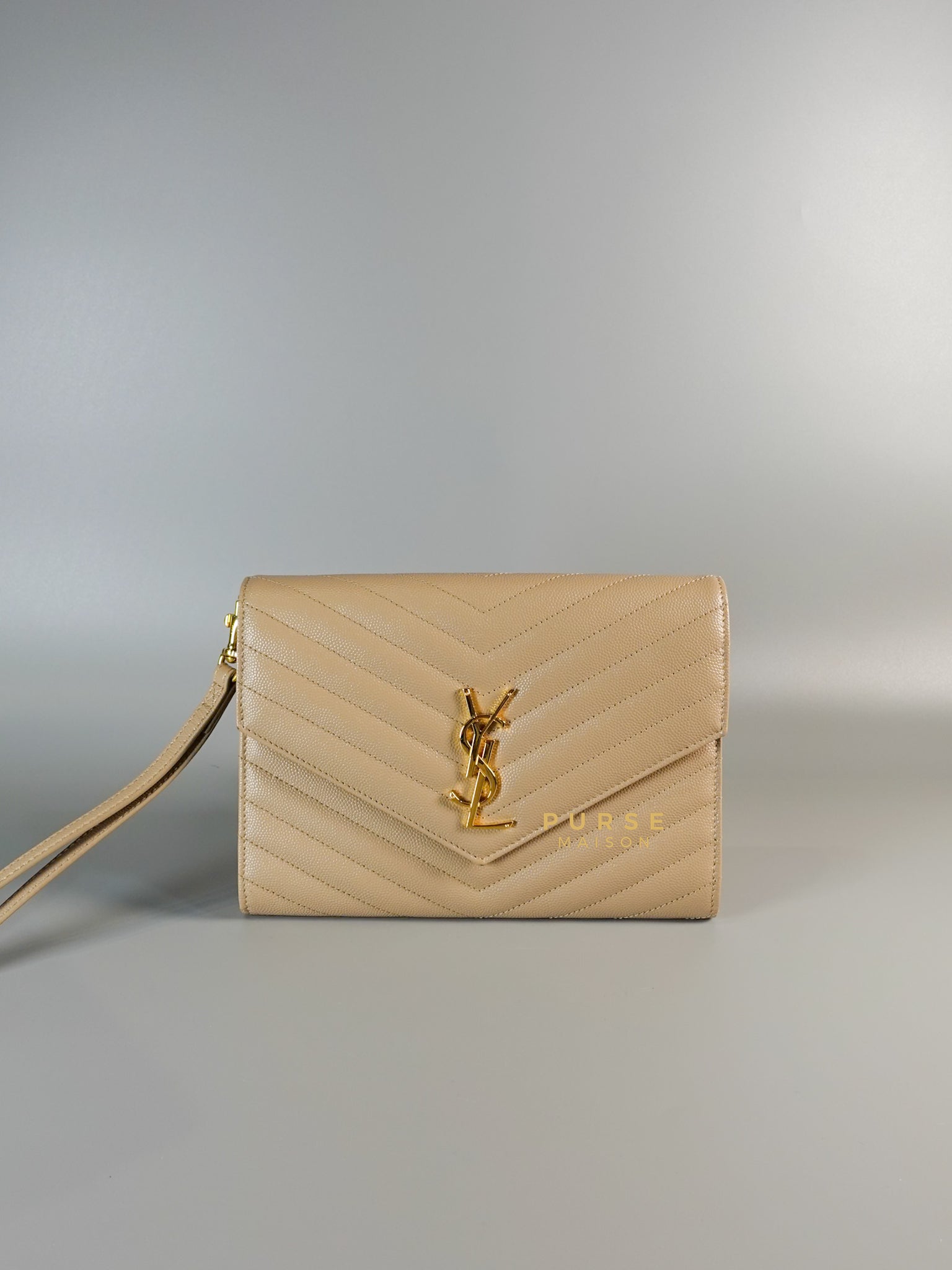 Cassandre Matelasśe Flap Clutch in Beige & Gold Hardware | Purse Maison Luxury Bags Shop