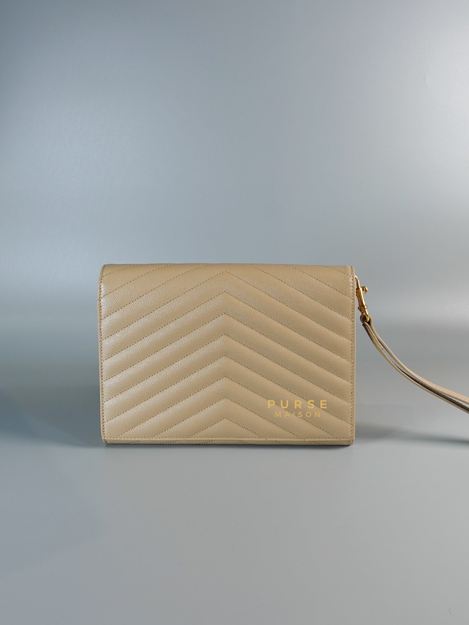 Cassandre Matelasśe Flap Clutch in Beige & Gold Hardware | Purse Maison Luxury Bags Shop