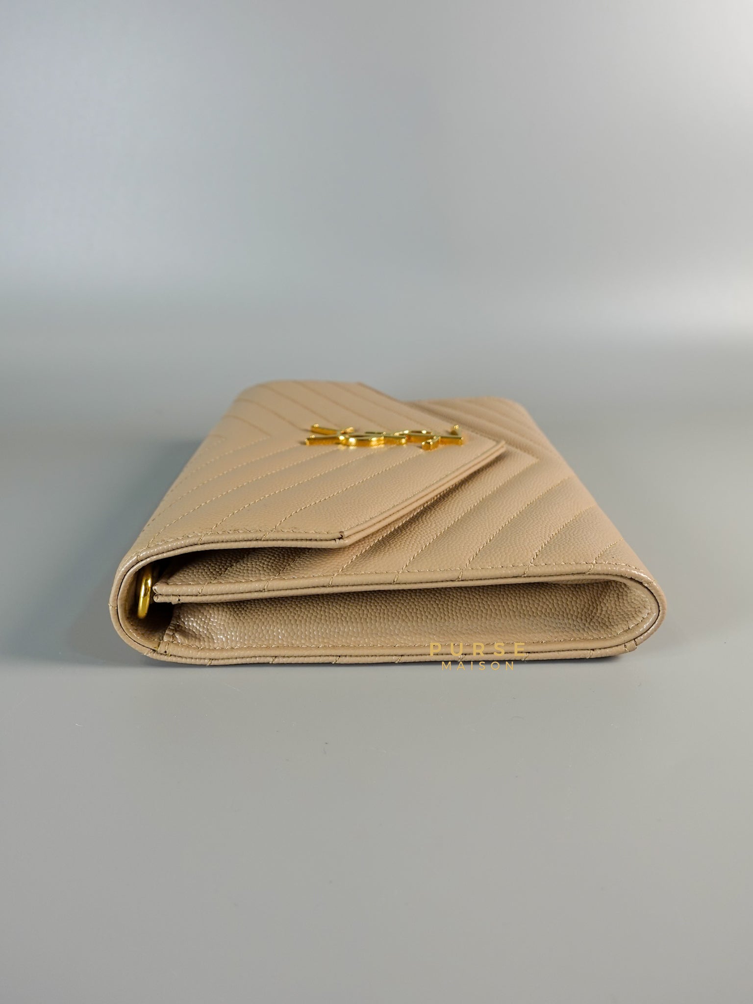 Cassandre Matelasśe Flap Clutch in Beige & Gold Hardware | Purse Maison Luxury Bags Shop