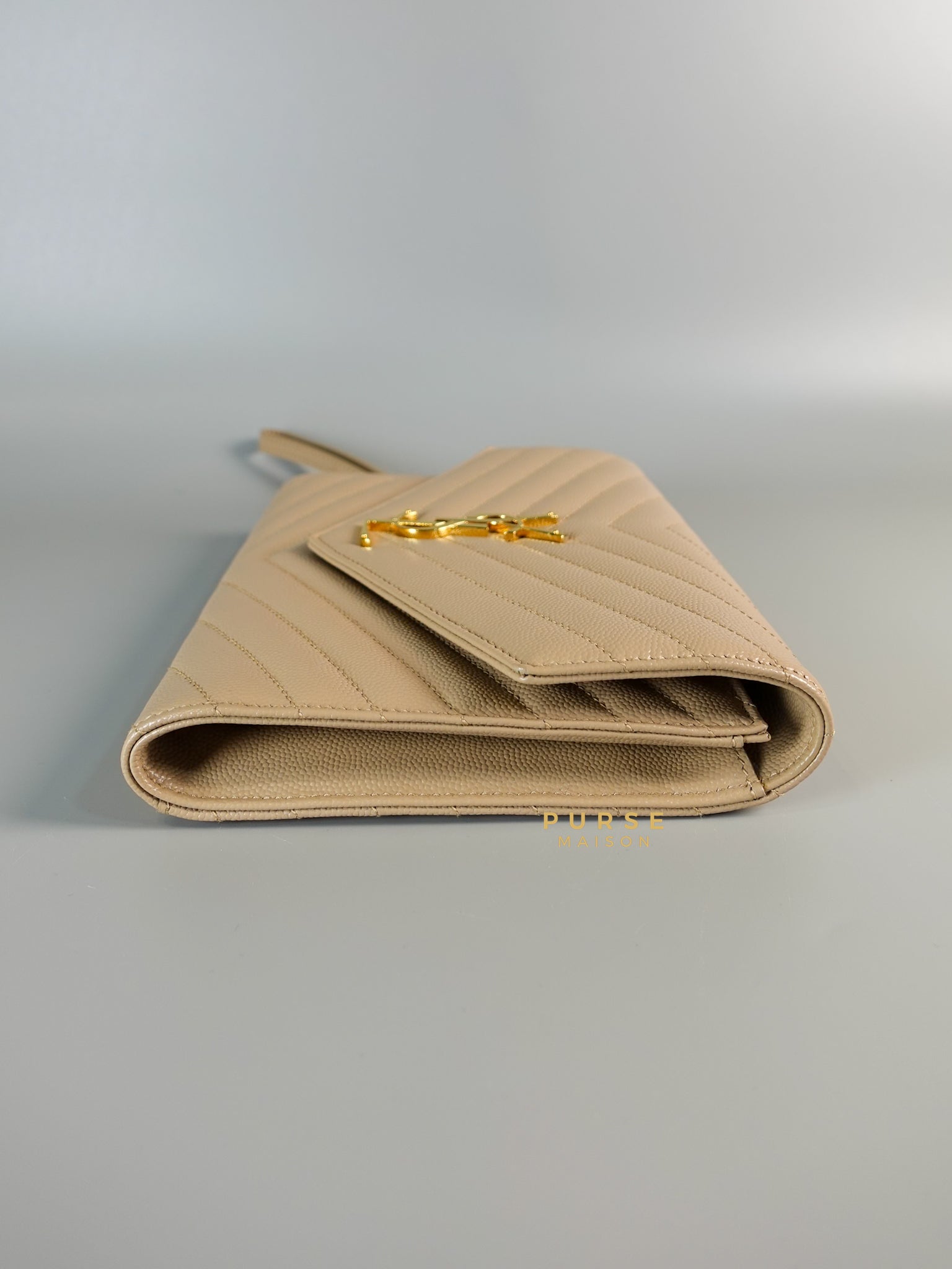 Cassandre Matelasśe Flap Clutch in Beige & Gold Hardware | Purse Maison Luxury Bags Shop