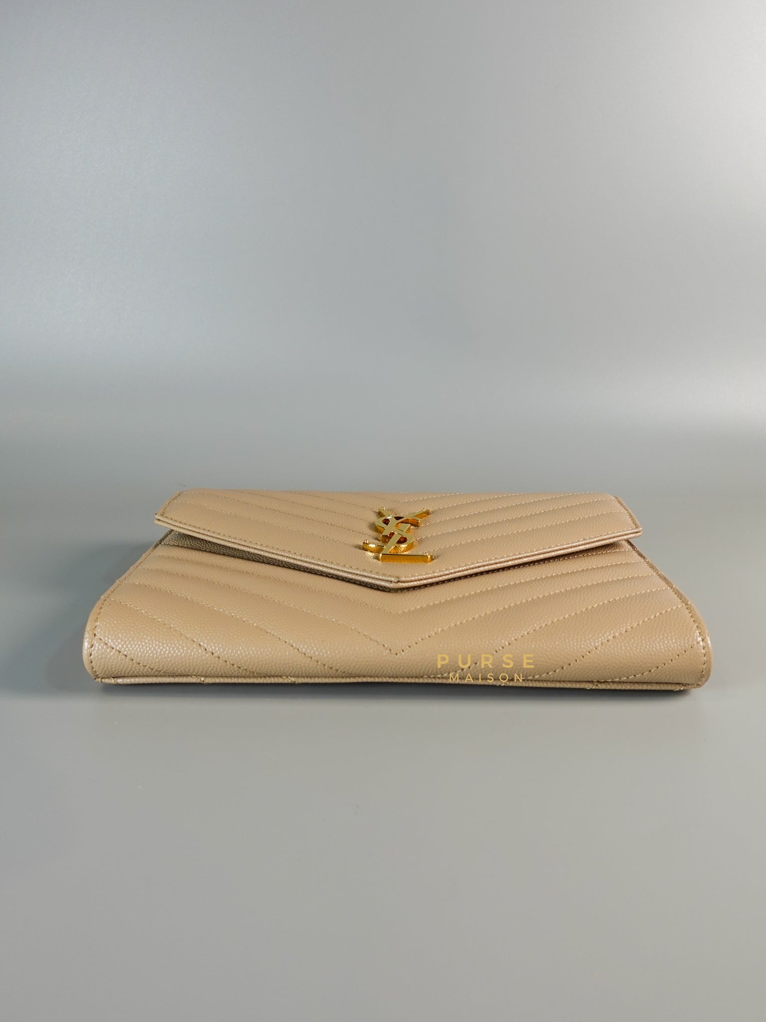 Cassandre Matelasśe Flap Clutch in Beige & Gold Hardware | Purse Maison Luxury Bags Shop