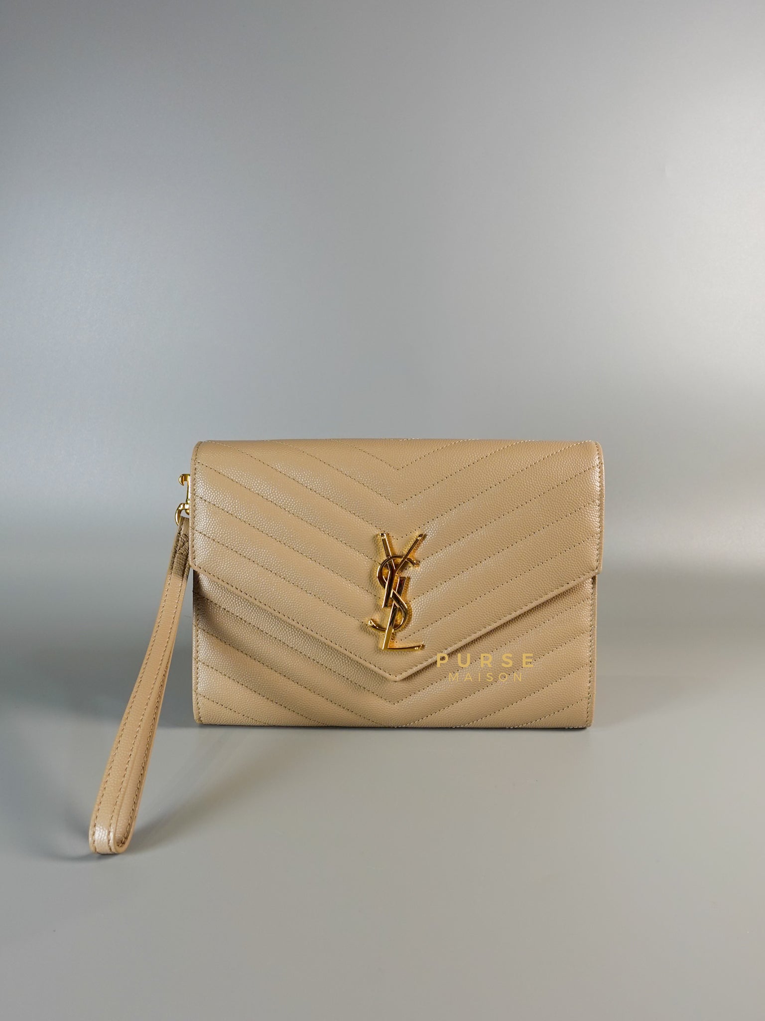 Cassandre Matelasśe Flap Clutch in Beige & Gold Hardware | Purse Maison Luxury Bags Shop