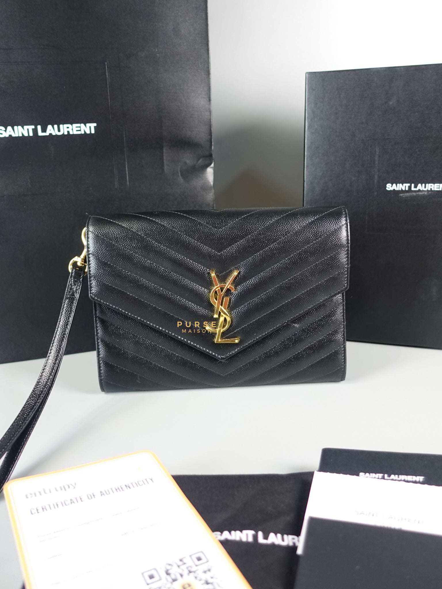 Cassandre Matelasśe Flap Clutch in Black and Gold Hardware | Purse Maison Luxury Bags Shop