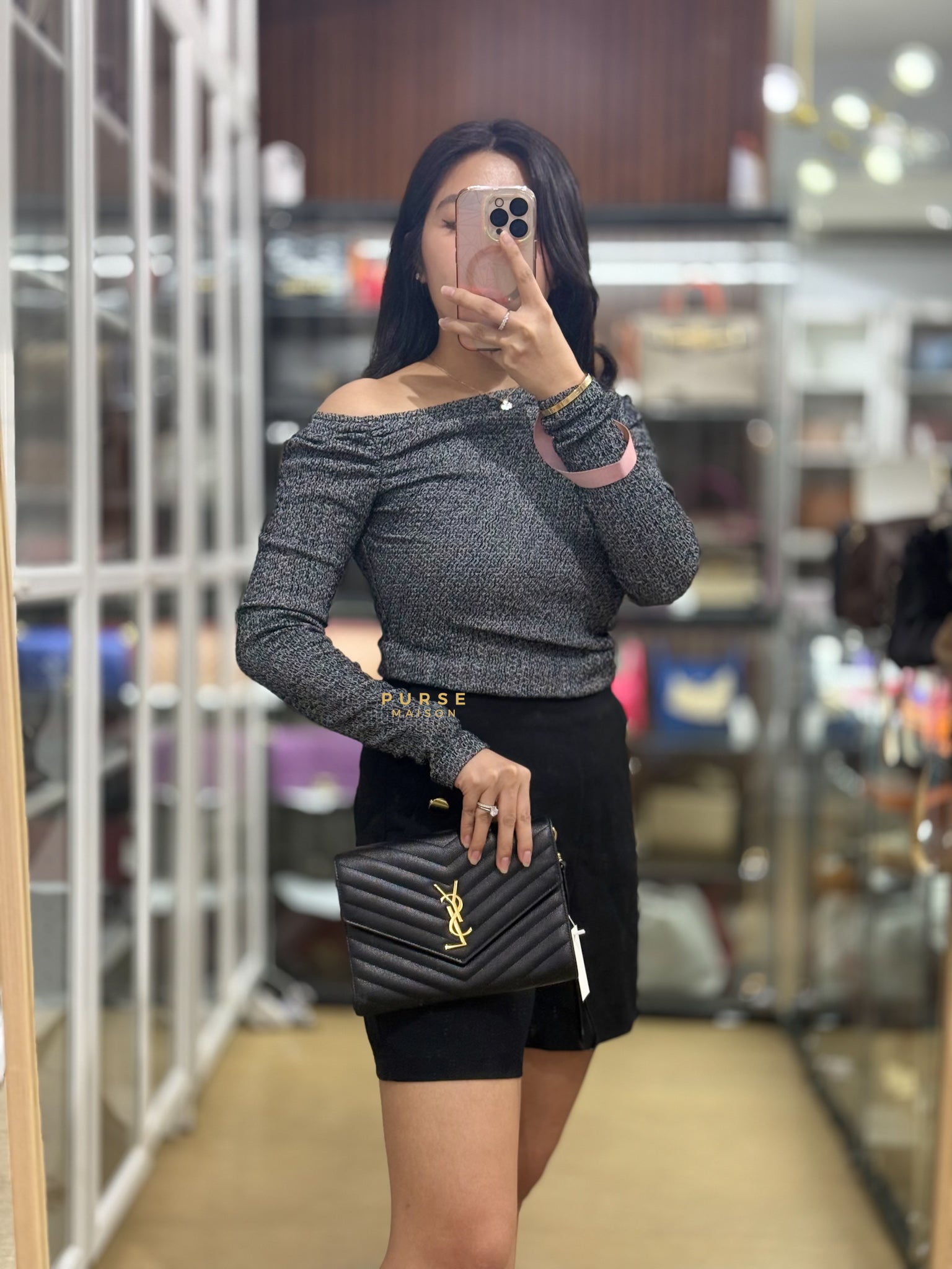 Cassandre Matelasśe Flap Clutch in Black and Gold Hardware | Purse Maison Luxury Bags Shop