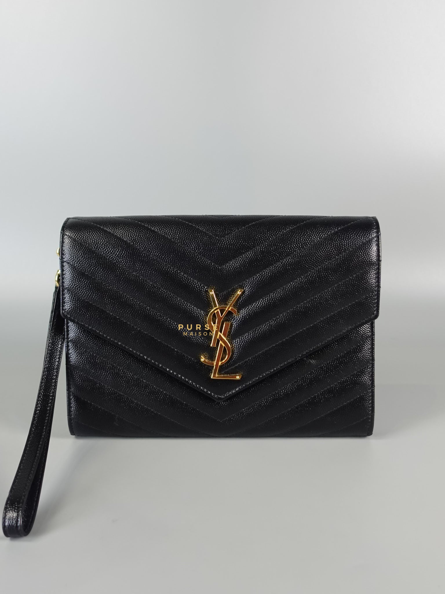 Cassandre Matelasśe Flap Clutch in Black and Gold Hardware | Purse Maison Luxury Bags Shop