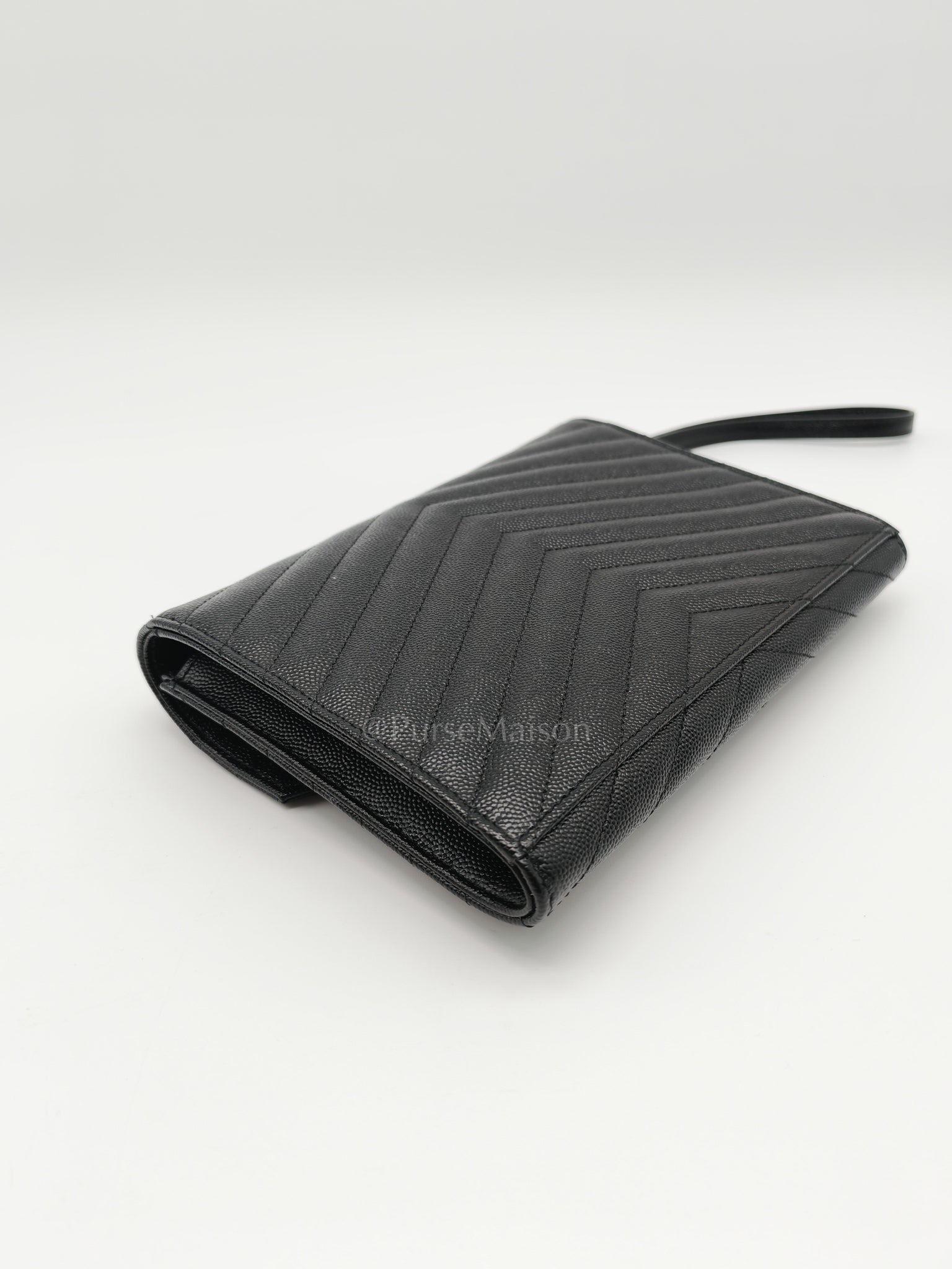 Cassandre Matelasse Flap Clutch in Black Grained Calfskin Leather | Purse Maison Luxury Bags Shop