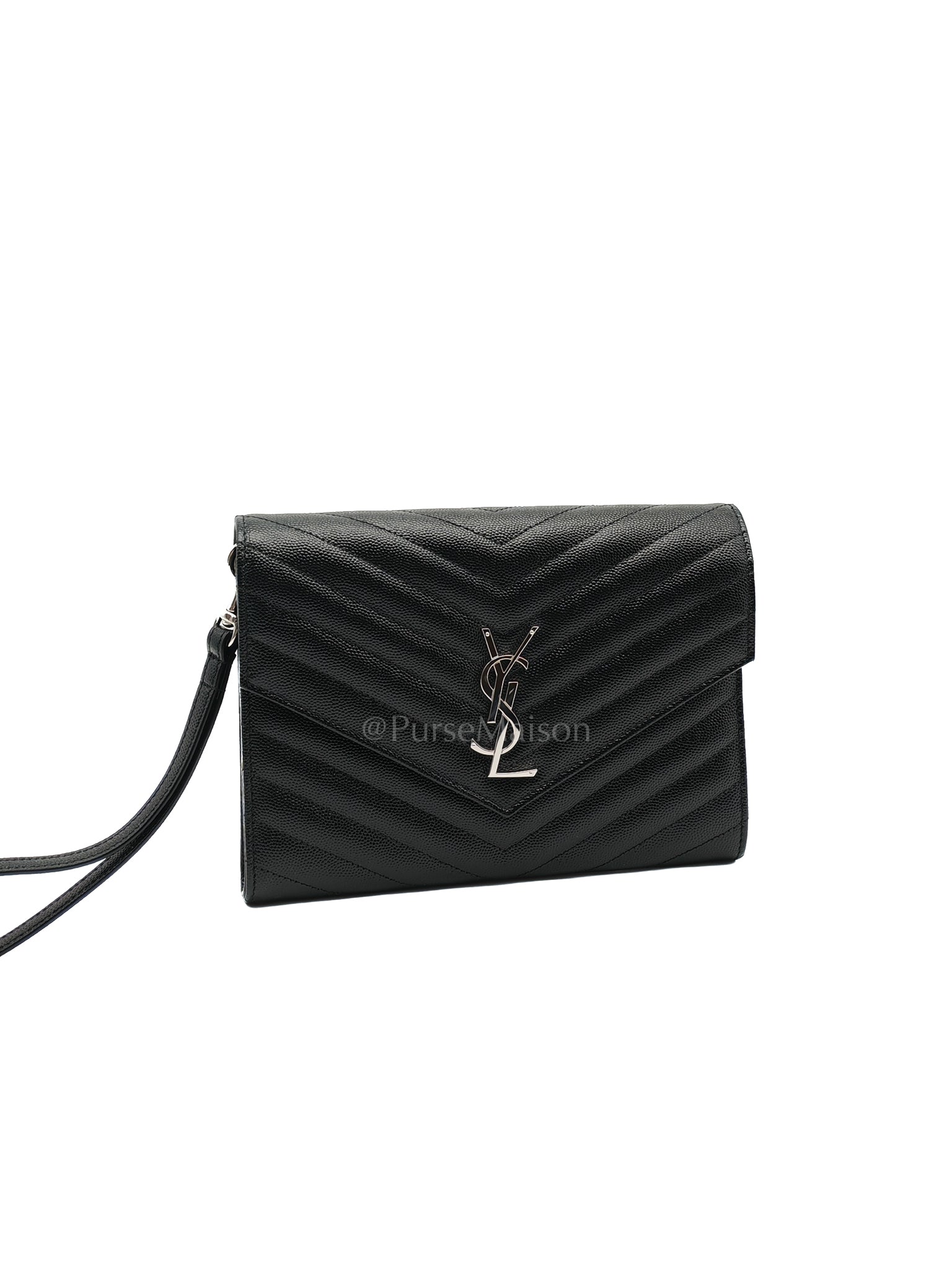 Cassandre Matelasse Flap Clutch in Black Grained Calfskin Leather | Purse Maison Luxury Bags Shop