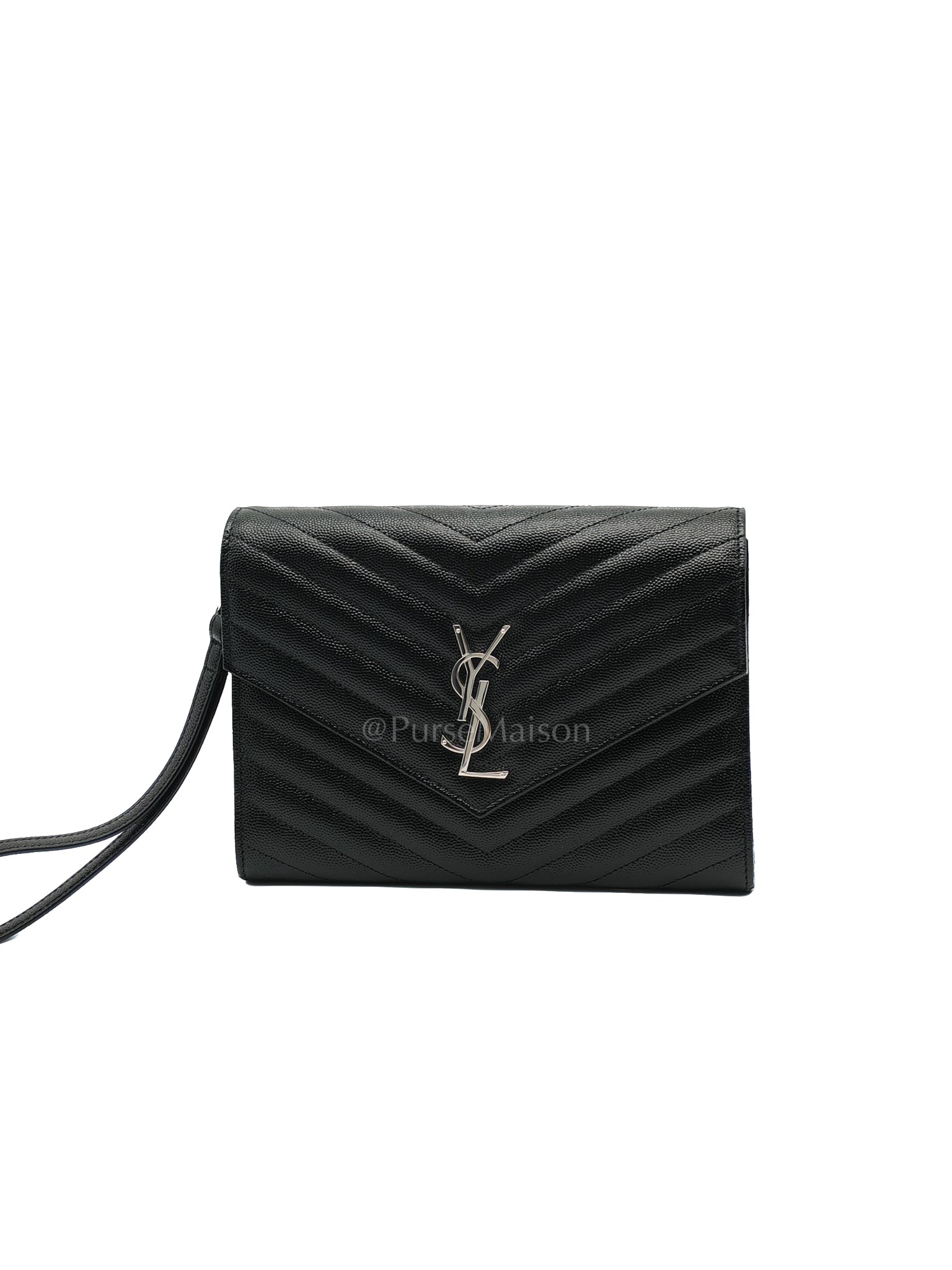 Cassandre Matelasse Flap Clutch in Black Grained Calfskin Leather | Purse Maison Luxury Bags Shop