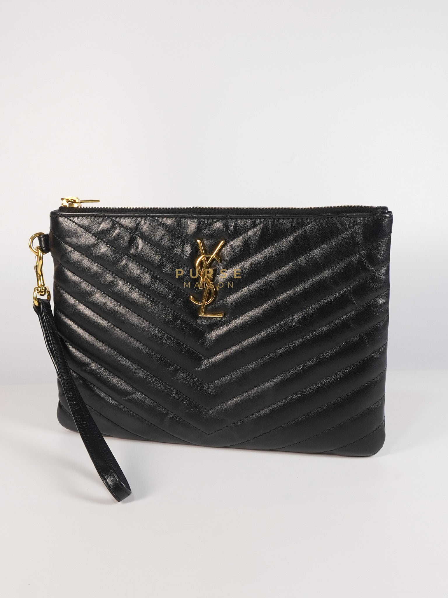 Cassandre Matelasse Large Bill Pouch/Clutch in Black Lambskin Leather | Purse Maison Luxury Bags Shop