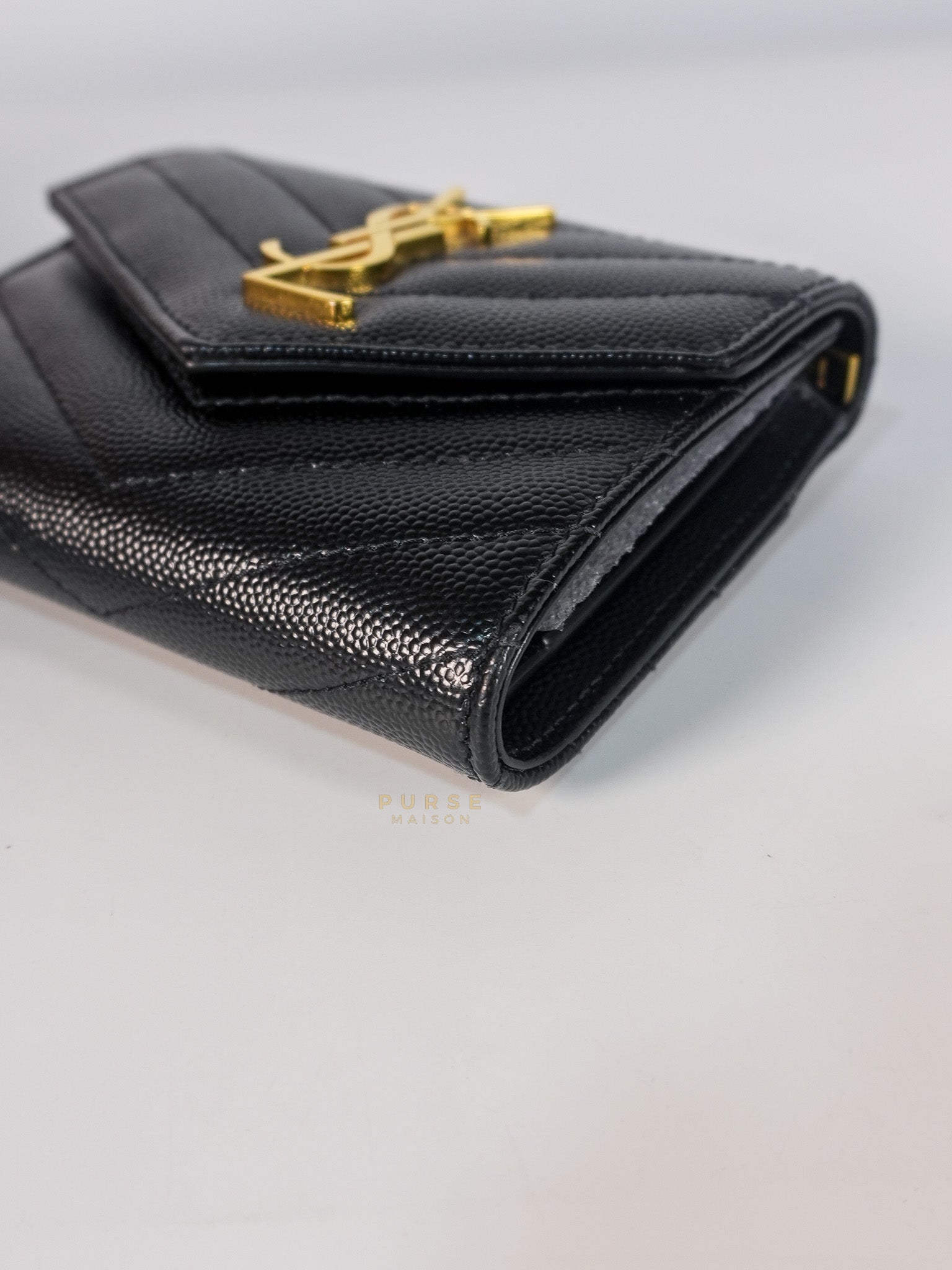 Cassandre Matelasse Tri-Fold Wallet in Black Grain De Poudre Leather | Purse Maison Luxury Bags Shop