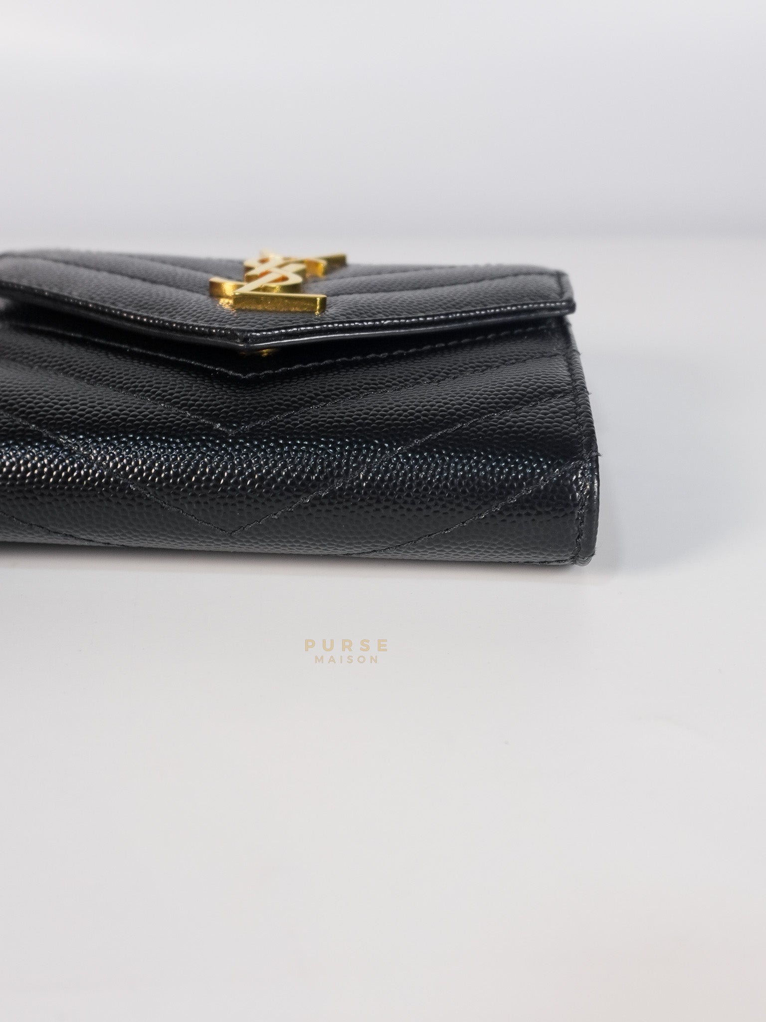 Cassandre Matelasse Tri-Fold Wallet in Black Grain De Poudre Leather | Purse Maison Luxury Bags Shop