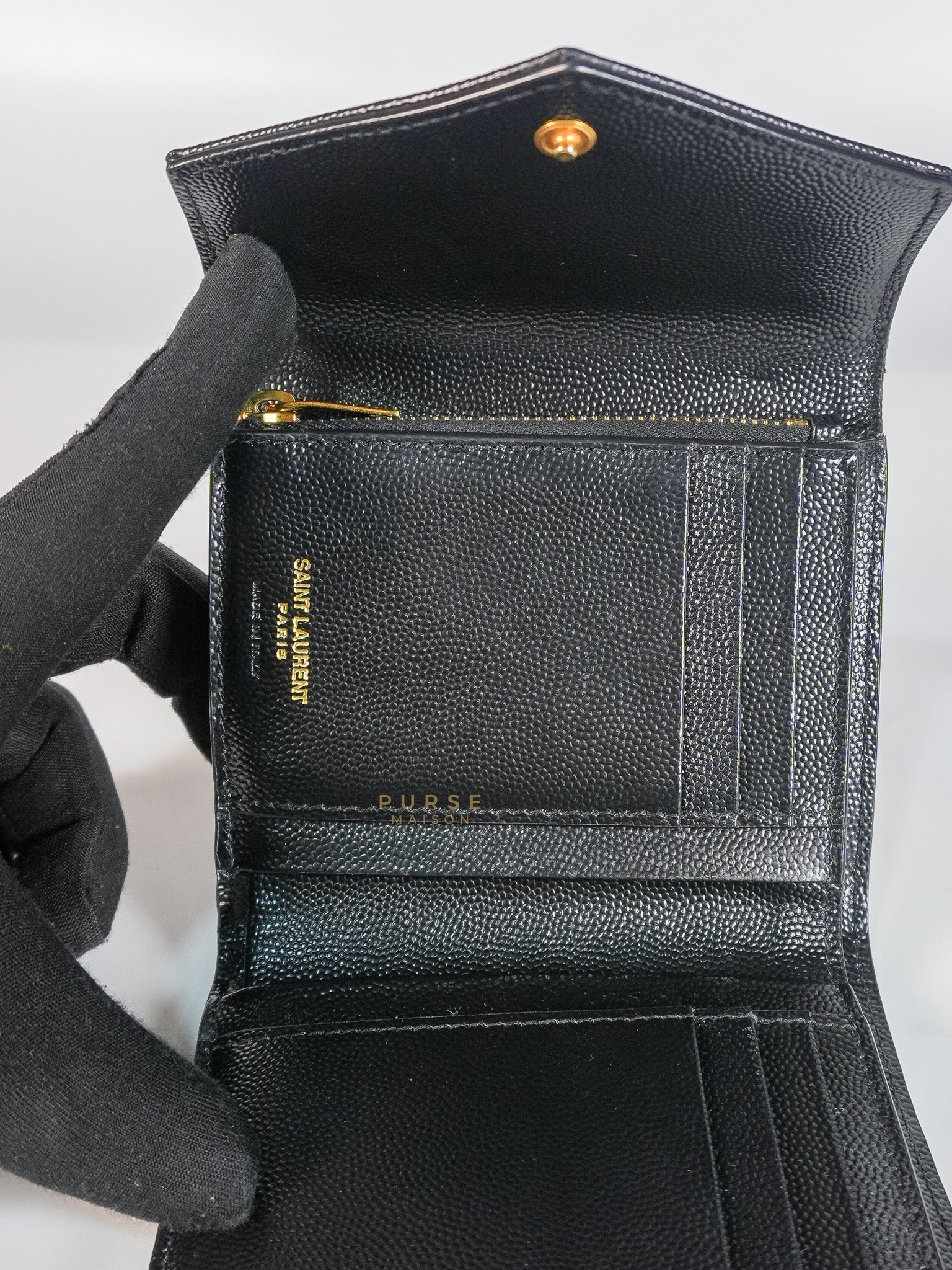 Cassandre Matelasse Tri-Fold Wallet in Black Grain De Poudre Leather | Purse Maison Luxury Bags Shop