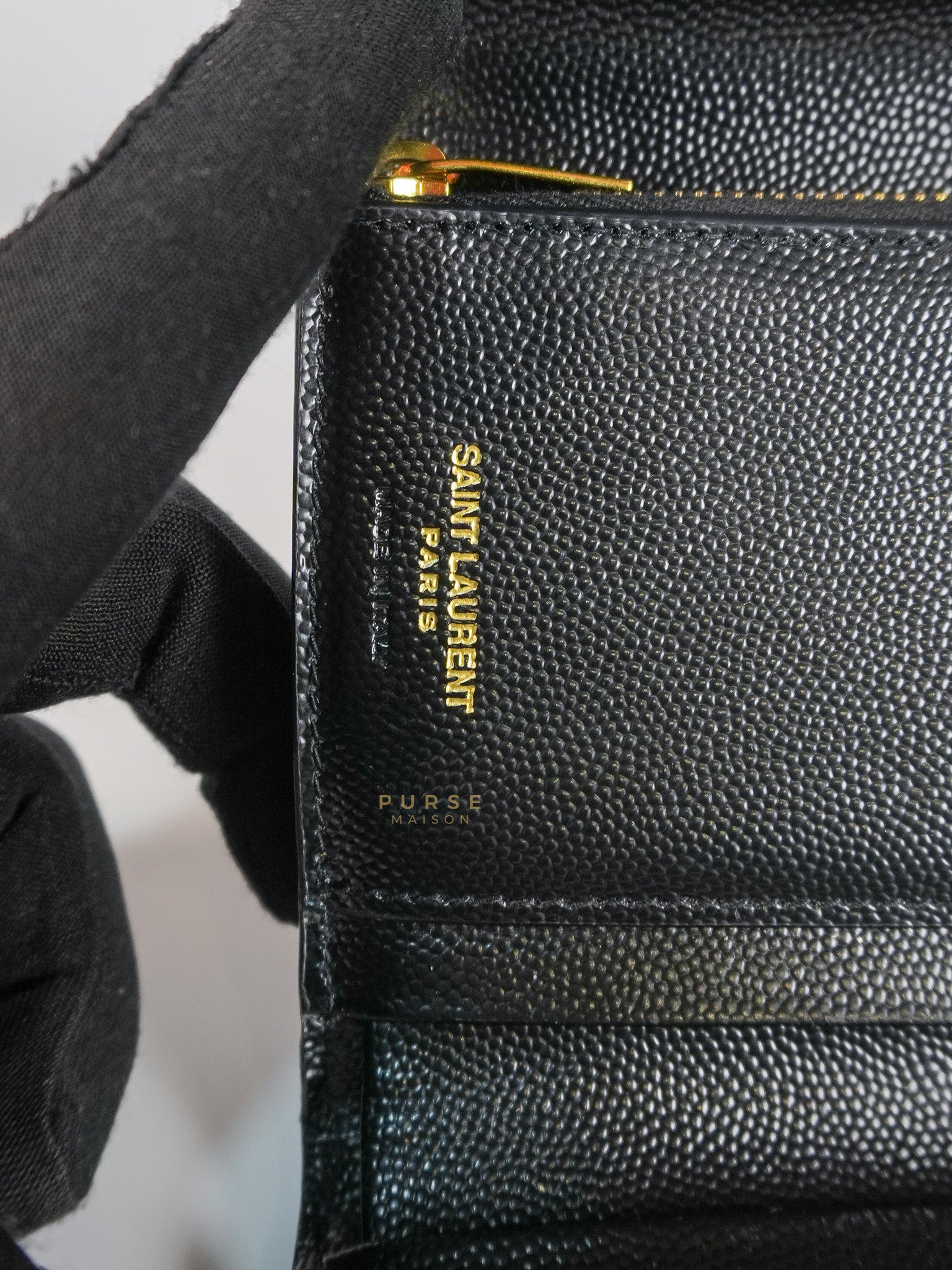 Cassandre Matelasse Tri-Fold Wallet in Black Grain De Poudre Leather | Purse Maison Luxury Bags Shop