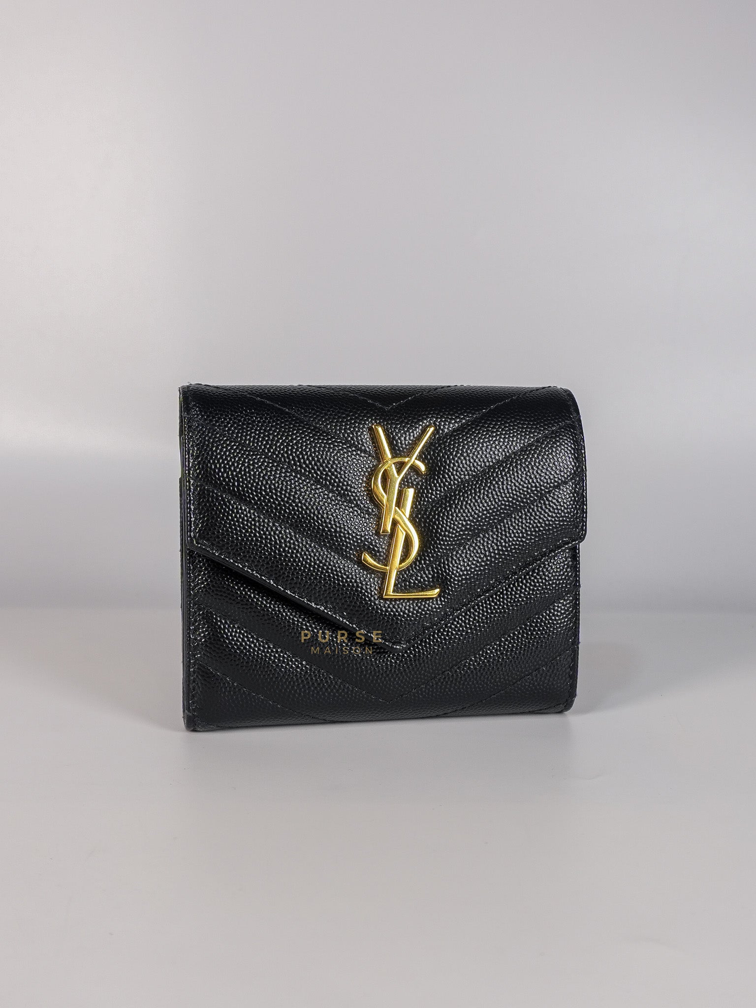 Cassandre Matelasse Tri-Fold Wallet in Black Grain De Poudre Leather | Purse Maison Luxury Bags Shop