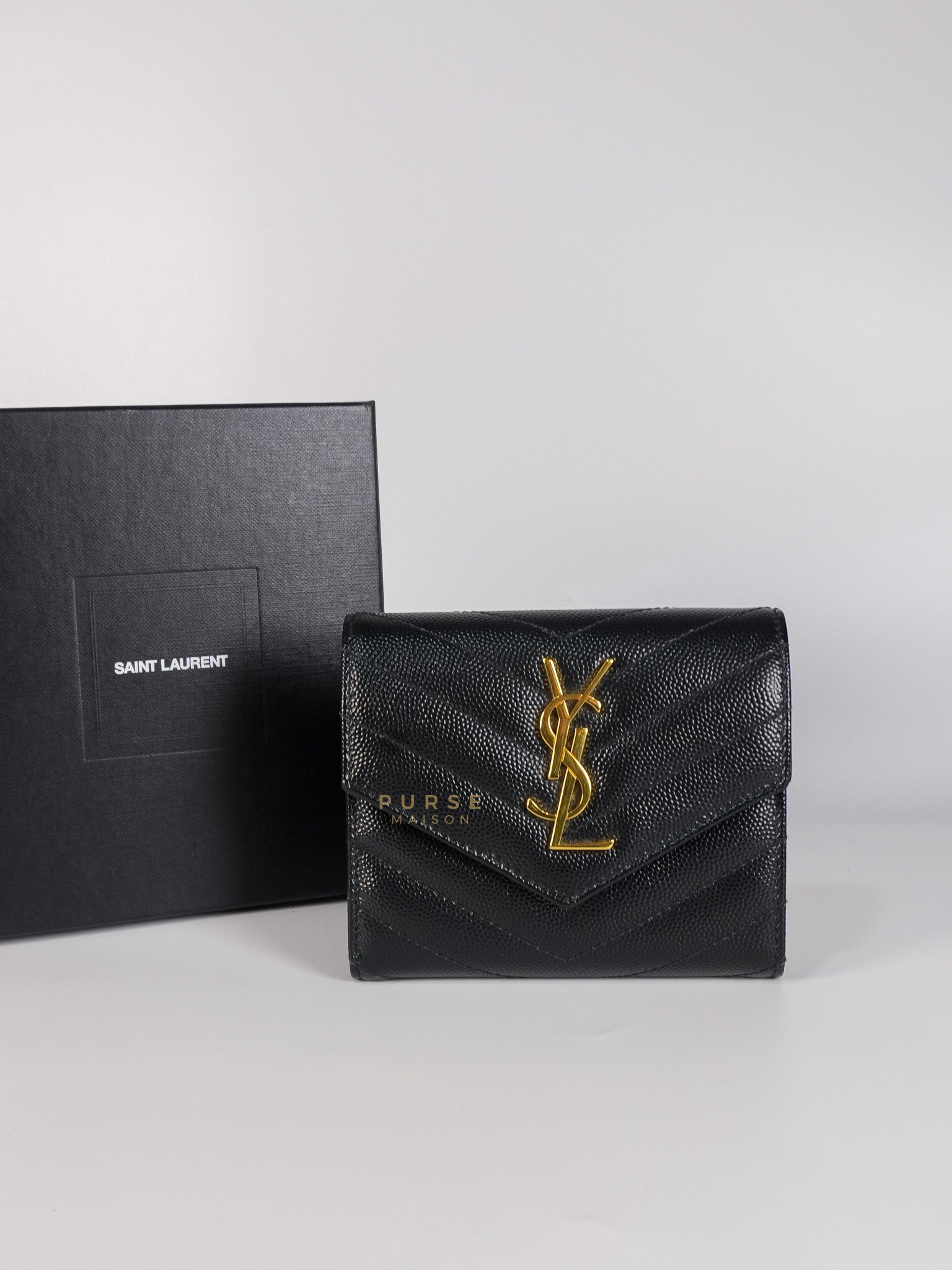 Cassandre Matelasse Tri-Fold Wallet in Black Grain De Poudre Leather | Purse Maison Luxury Bags Shop