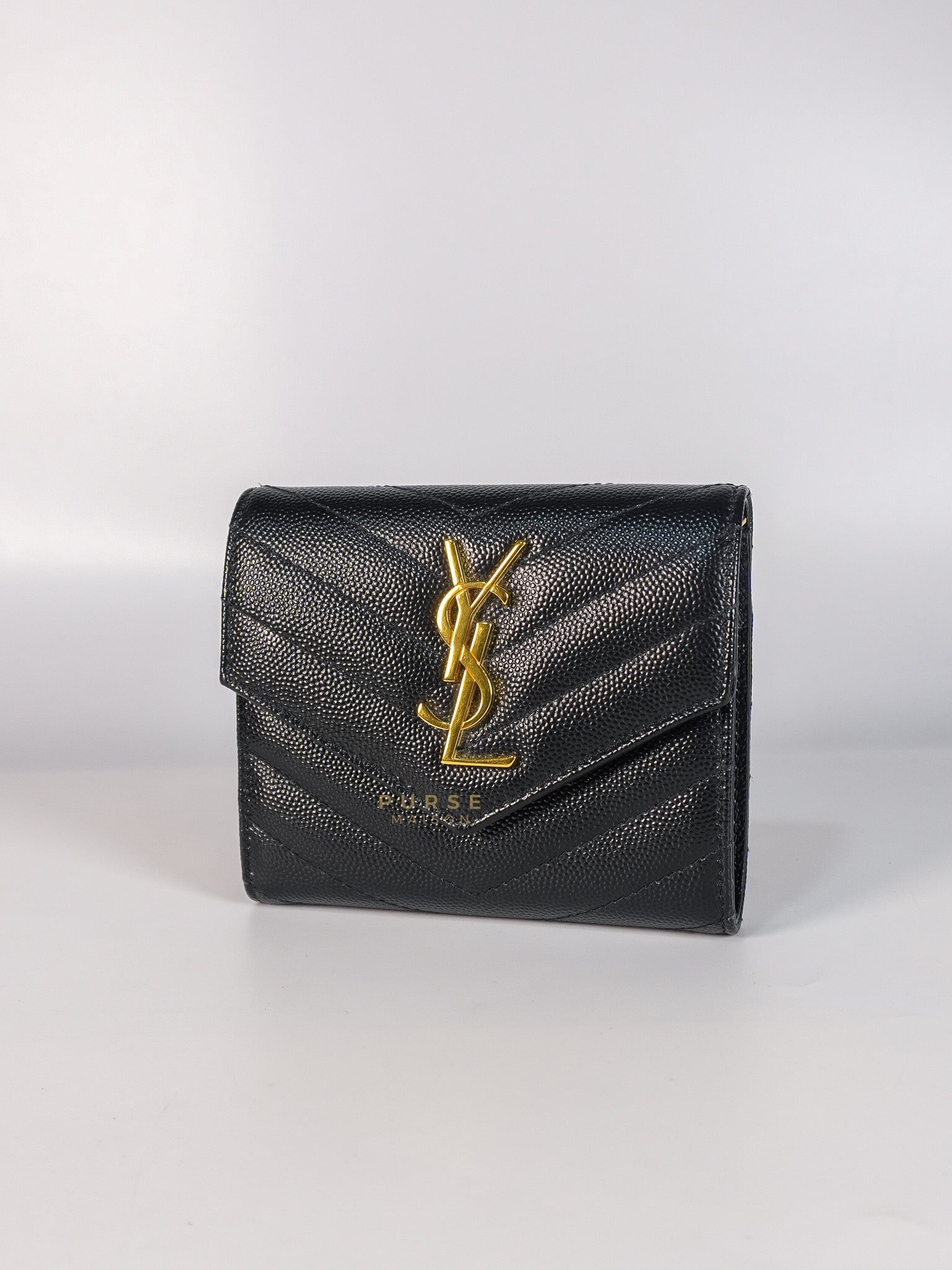 Cassandre Matelasse Tri-Fold Wallet in Black Grain De Poudre Leather | Purse Maison Luxury Bags Shop