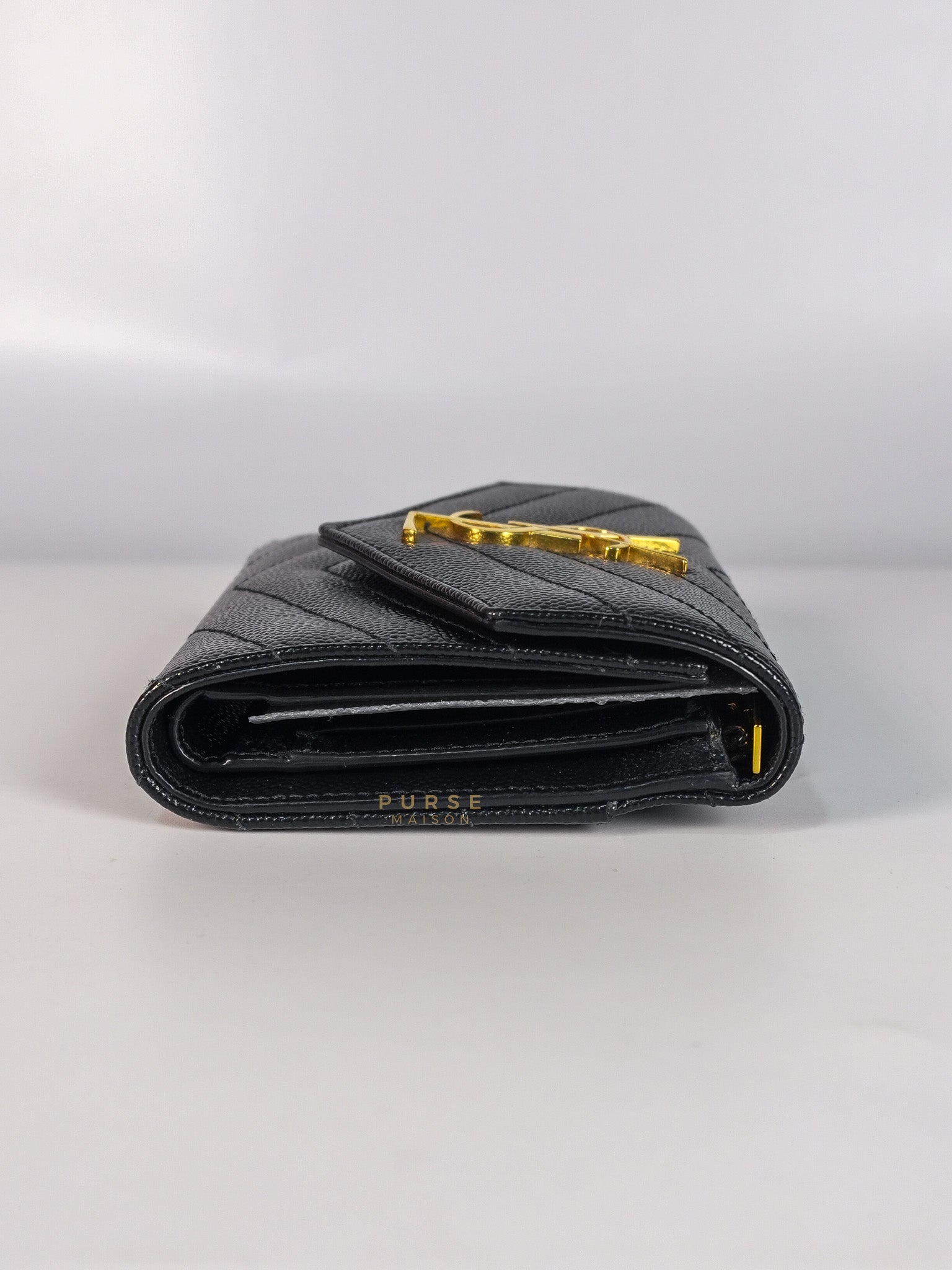 Cassandre Matelasse Tri-Fold Wallet in Black Grain De Poudre Leather | Purse Maison Luxury Bags Shop