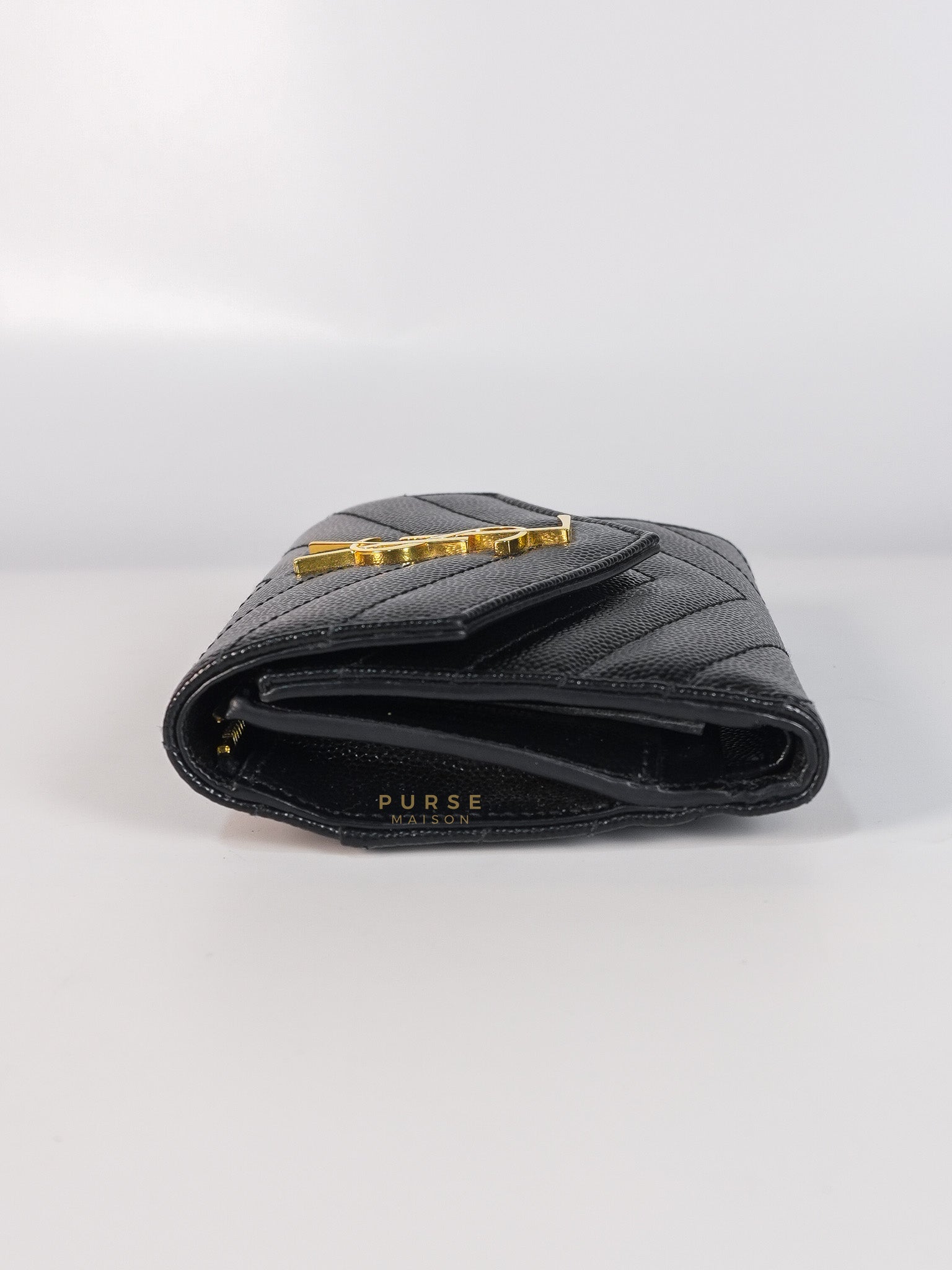 Cassandre Matelasse Tri-Fold Wallet in Black Grain De Poudre Leather | Purse Maison Luxury Bags Shop