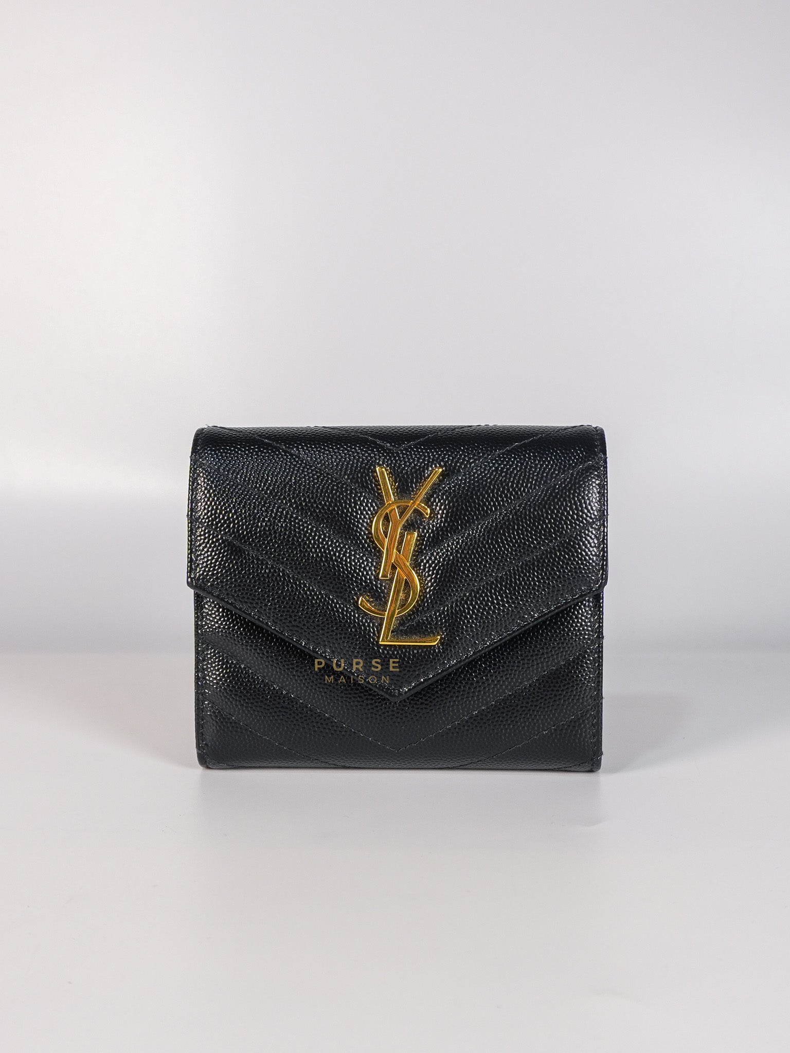 Cassandre Matelasse Tri-Fold Wallet in Black Grain De Poudre Leather | Purse Maison Luxury Bags Shop