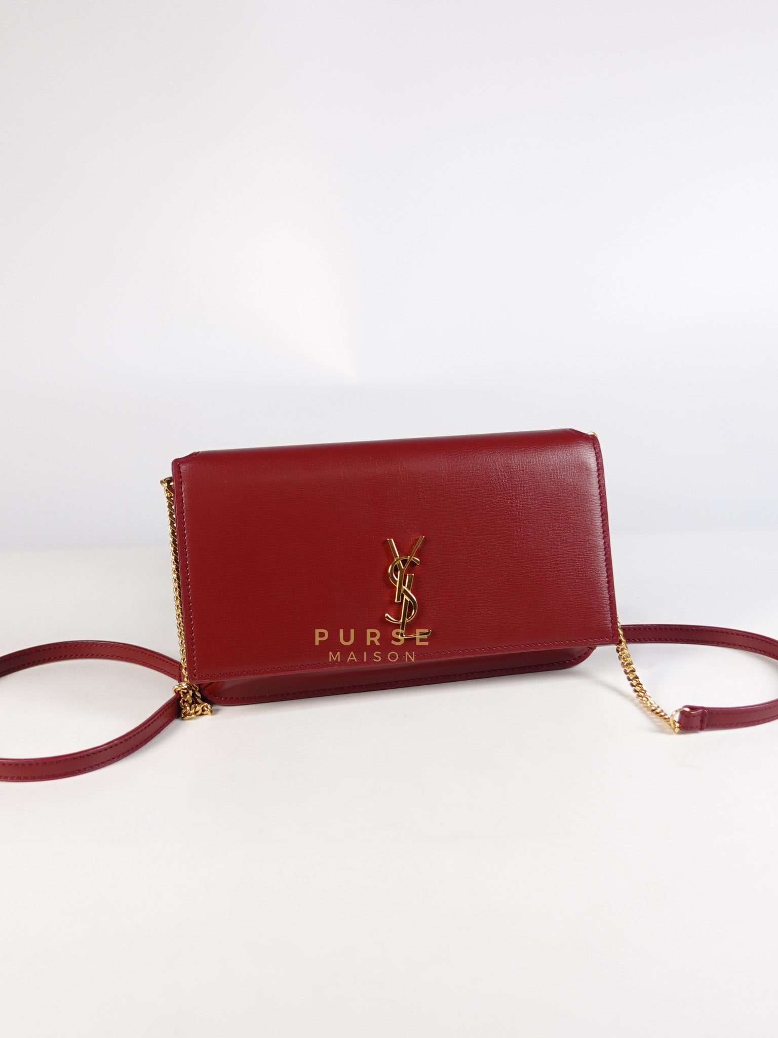 Cassandre Phone Holder Crossbody Bag in Opium Red & Gold Hardware | Purse Maison Luxury Bags Shop