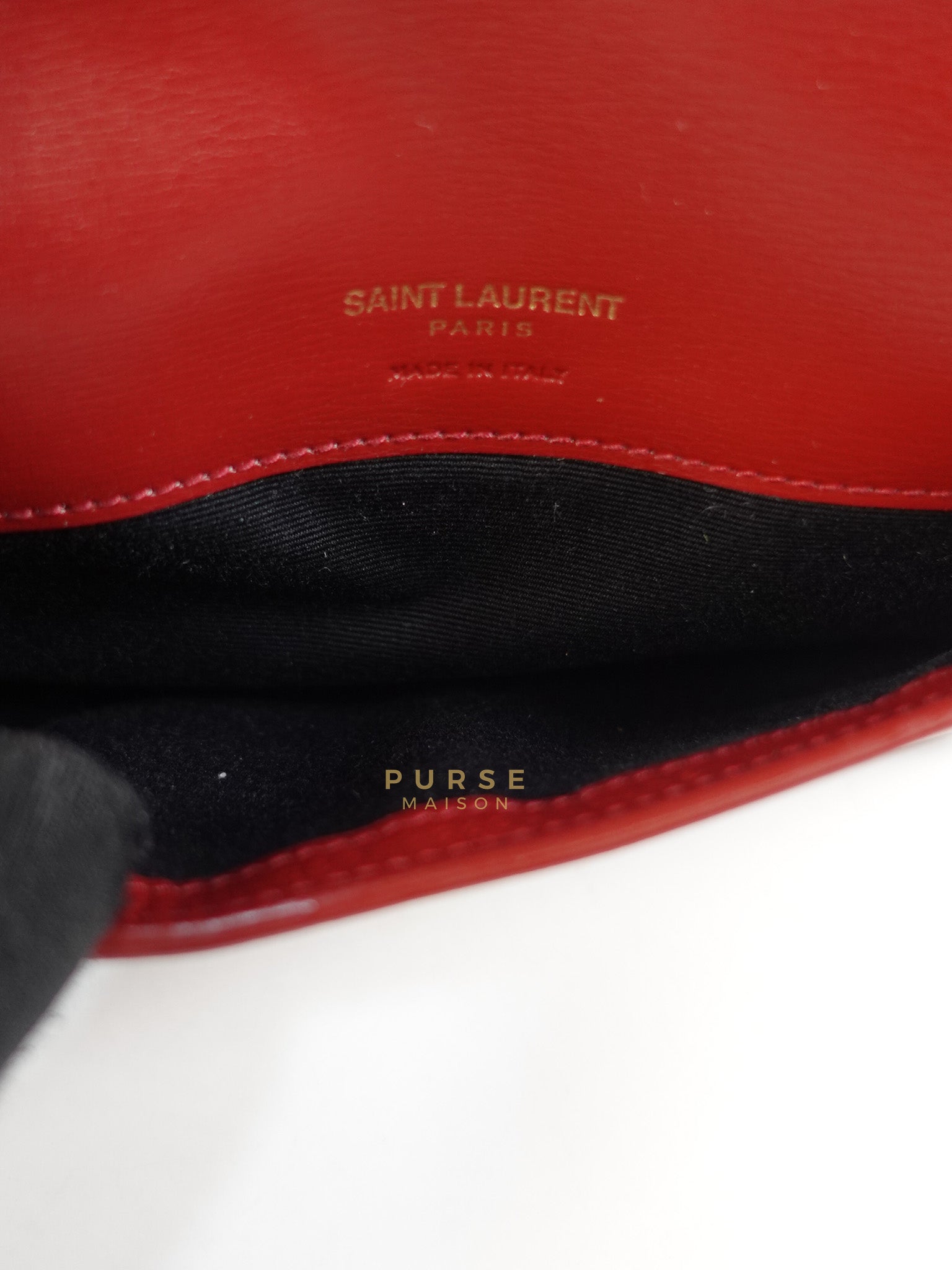 Cassandre Phone Holder Crossbody Bag in Opium Red & Gold Hardware | Purse Maison Luxury Bags Shop