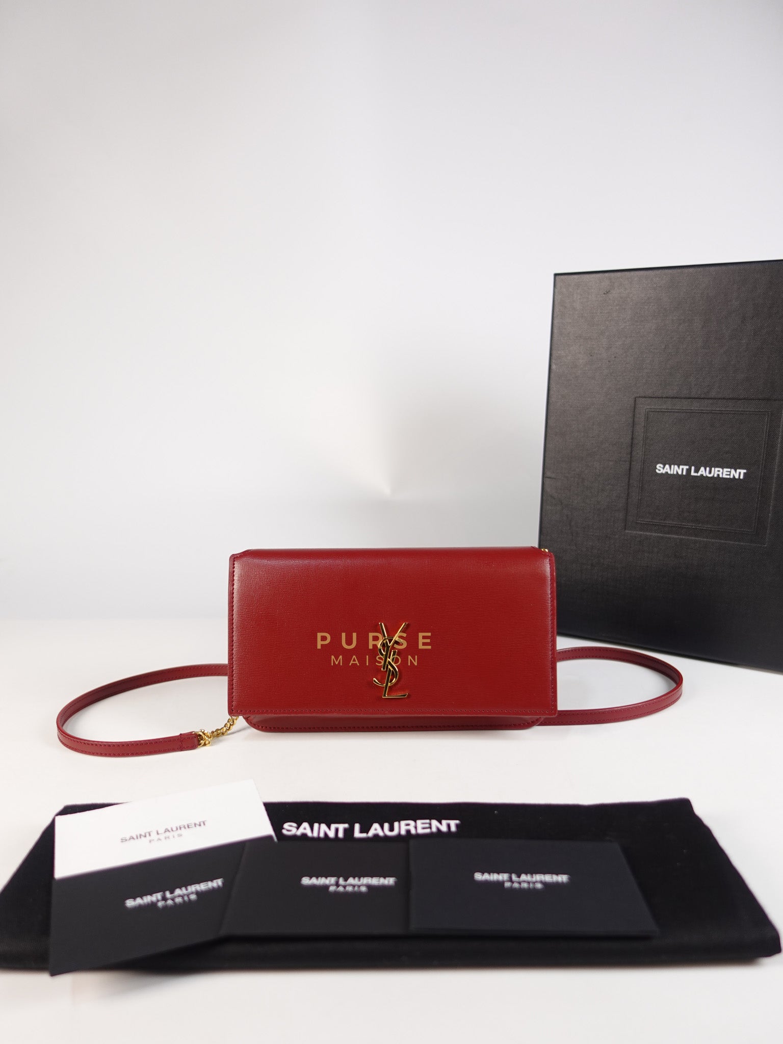 Cassandre Phone Holder Crossbody Bag in Opium Red & Gold Hardware | Purse Maison Luxury Bags Shop