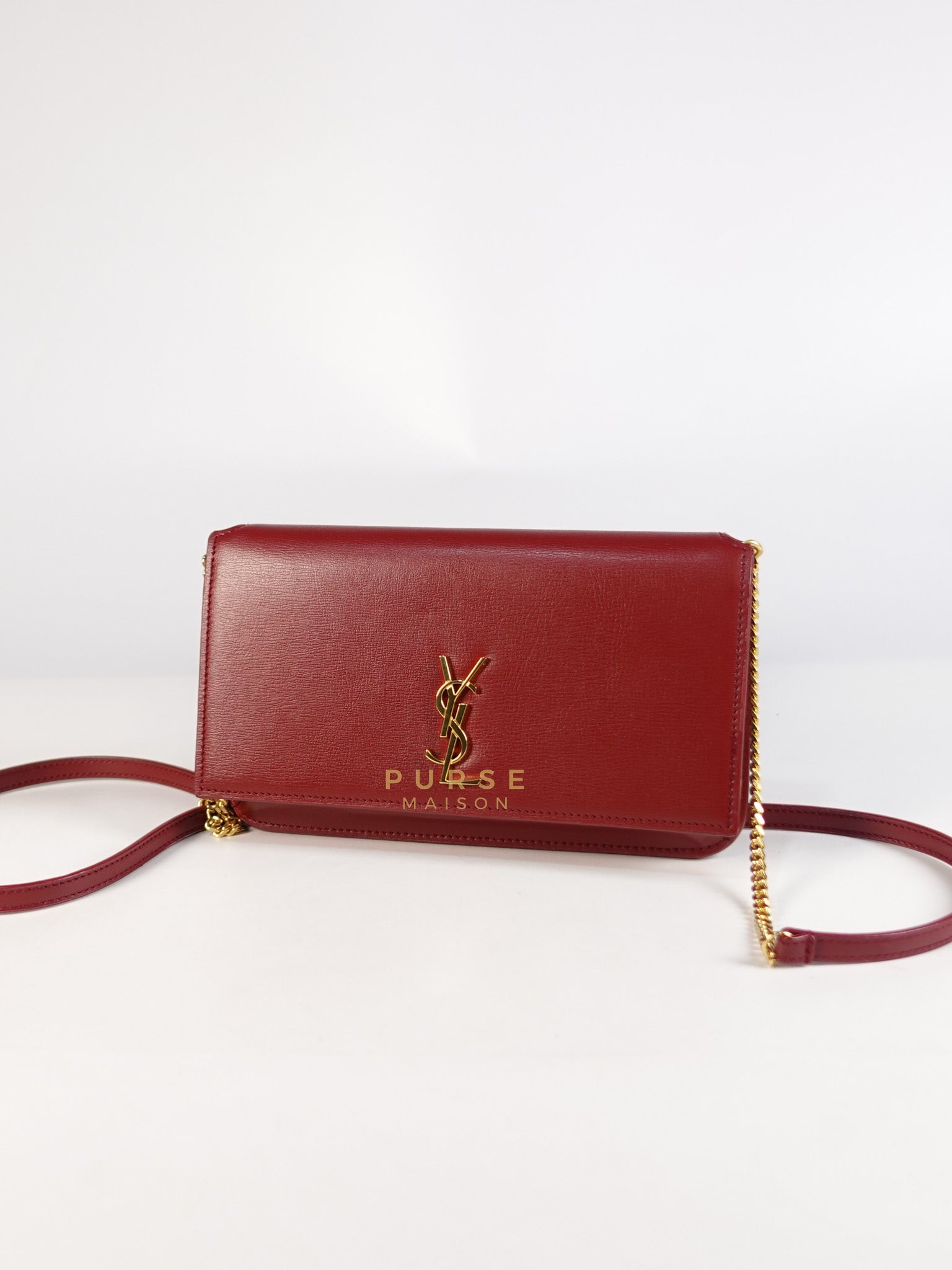 Cassandre Phone Holder Crossbody Bag in Opium Red & Gold Hardware | Purse Maison Luxury Bags Shop