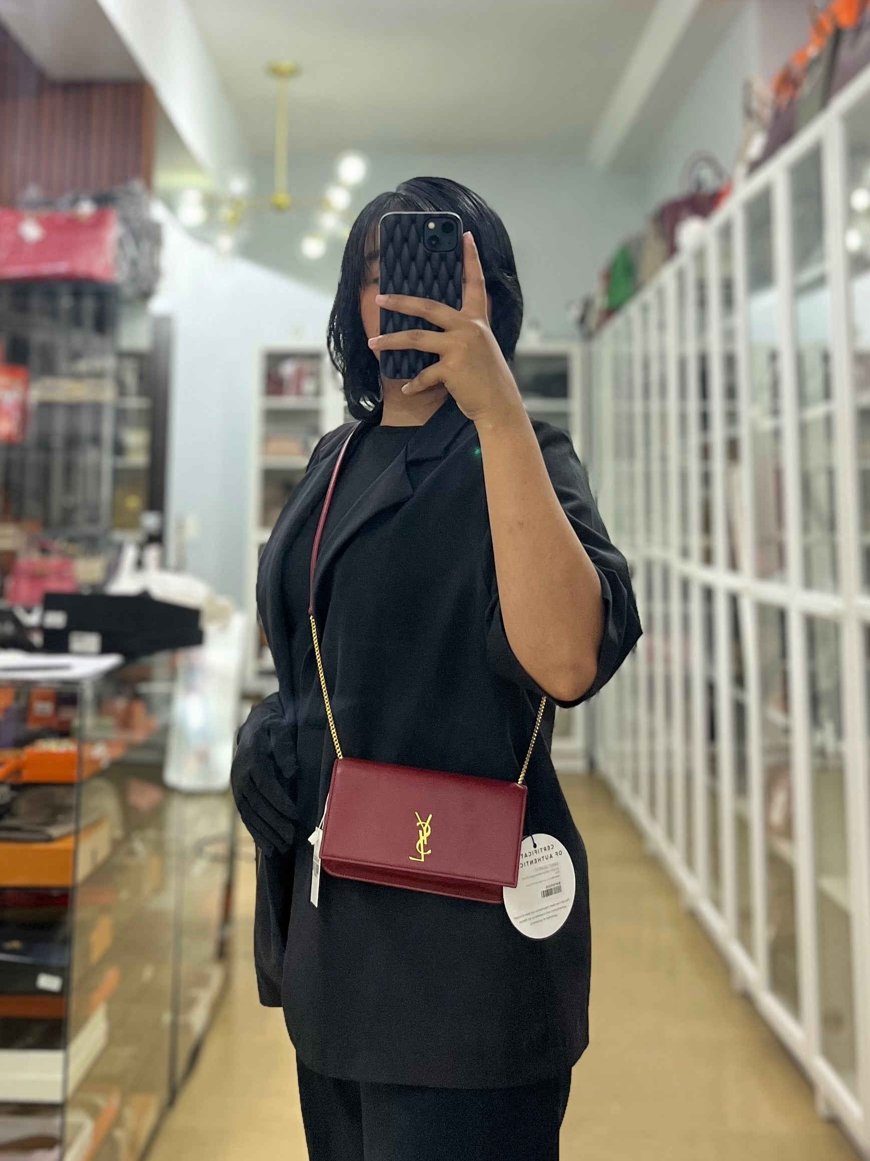 Cassandre Phone Holder Crossbody Bag in Opium Red & Gold Hardware | Purse Maison Luxury Bags Shop