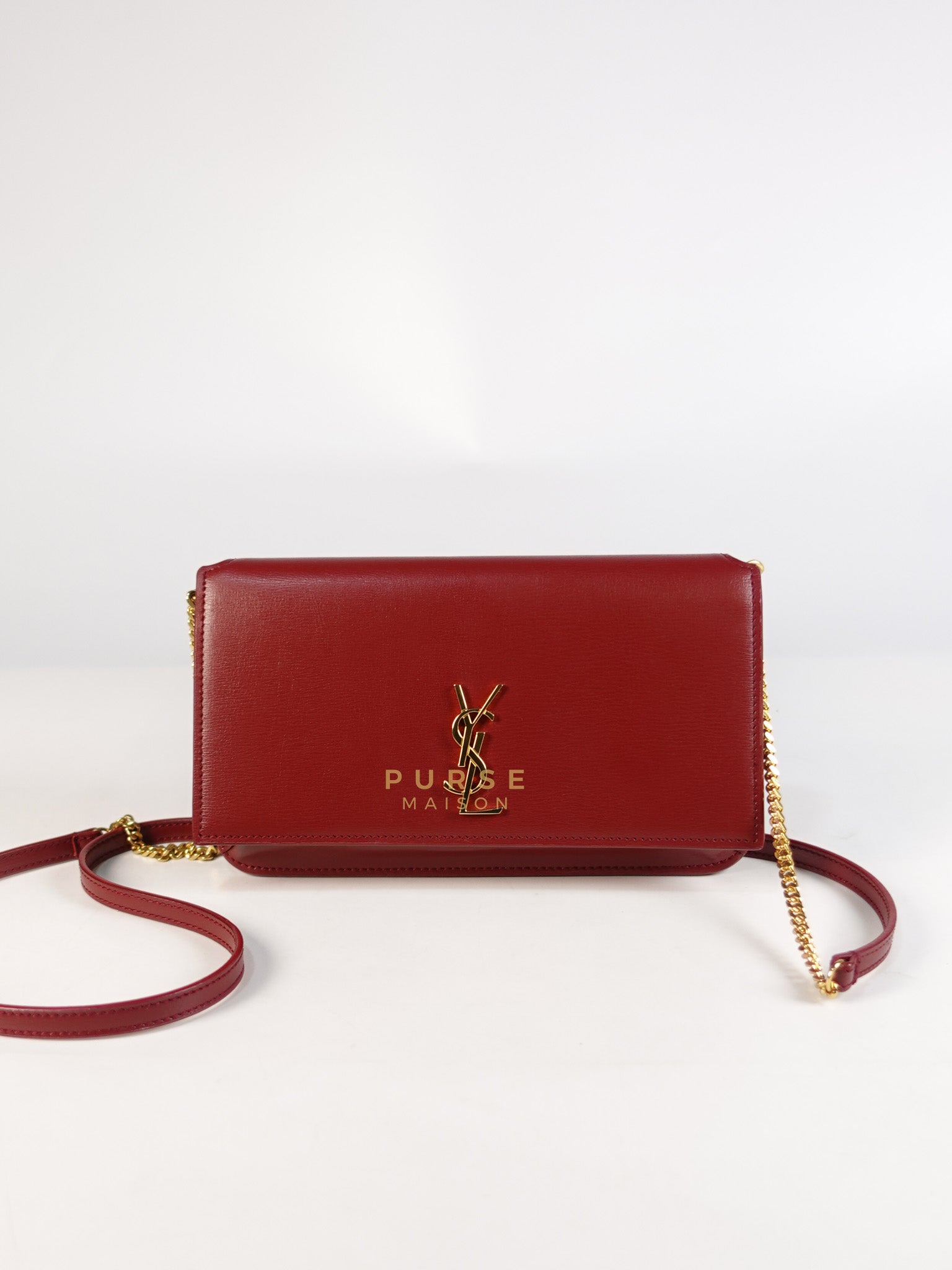 Cassandre Phone Holder Crossbody Bag in Opium Red & Gold Hardware | Purse Maison Luxury Bags Shop