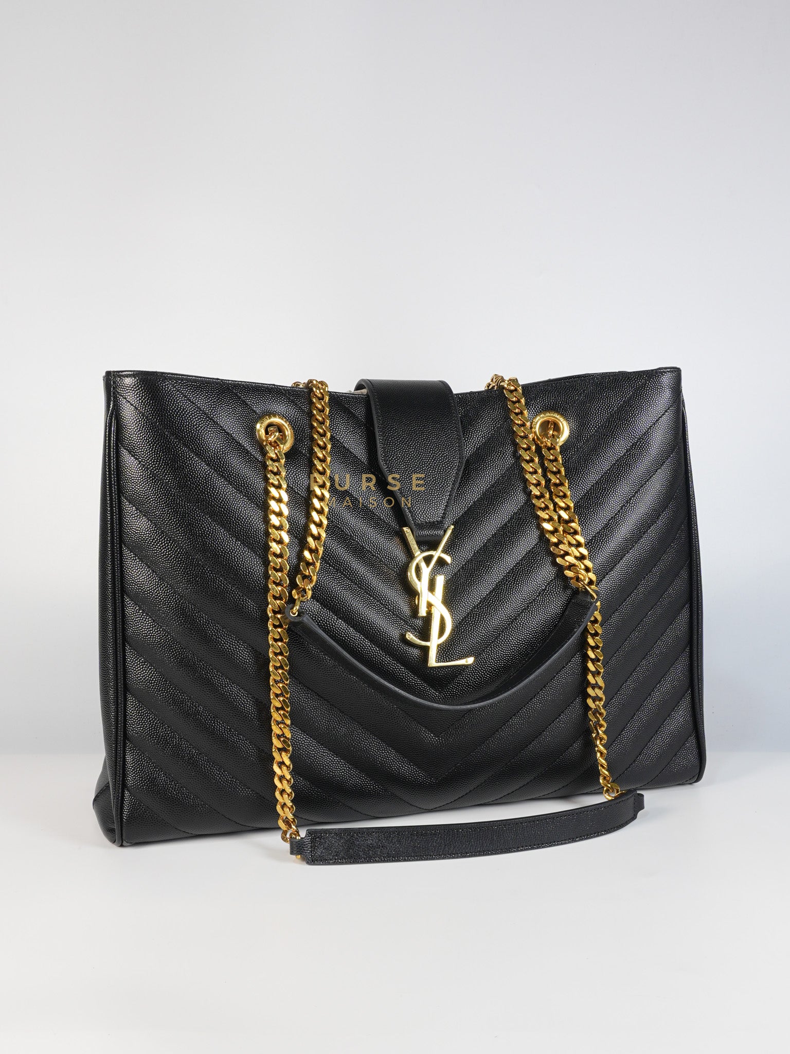 Cassandre Shoulder Tote Bag in Black Chevron Grain De Poudre Leather & Gold Hardware | Purse Maison Luxury Bags Shop
