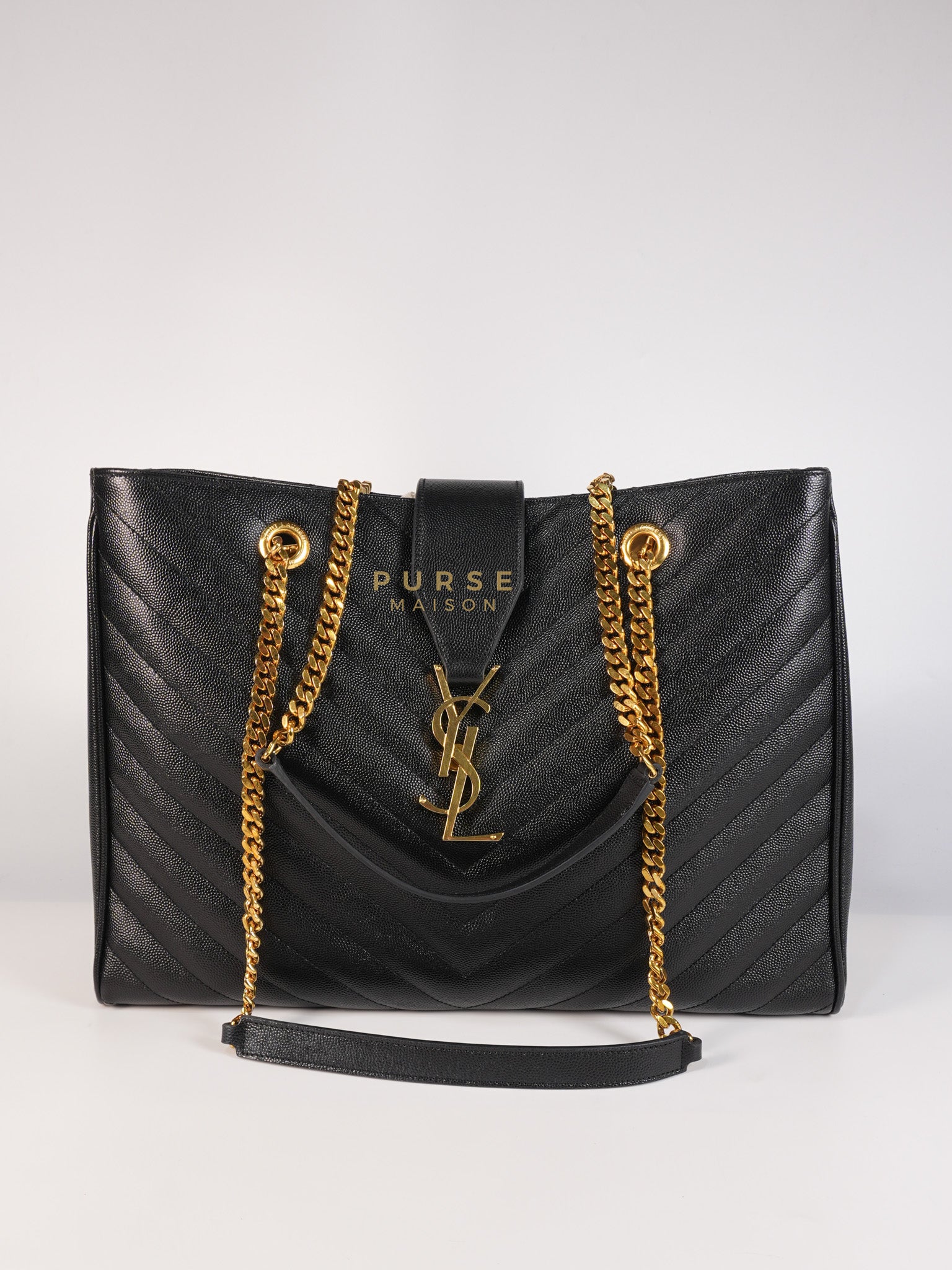Cassandre Shoulder Tote Bag in Black Chevron Grain De Poudre Leather & Gold Hardware | Purse Maison Luxury Bags Shop