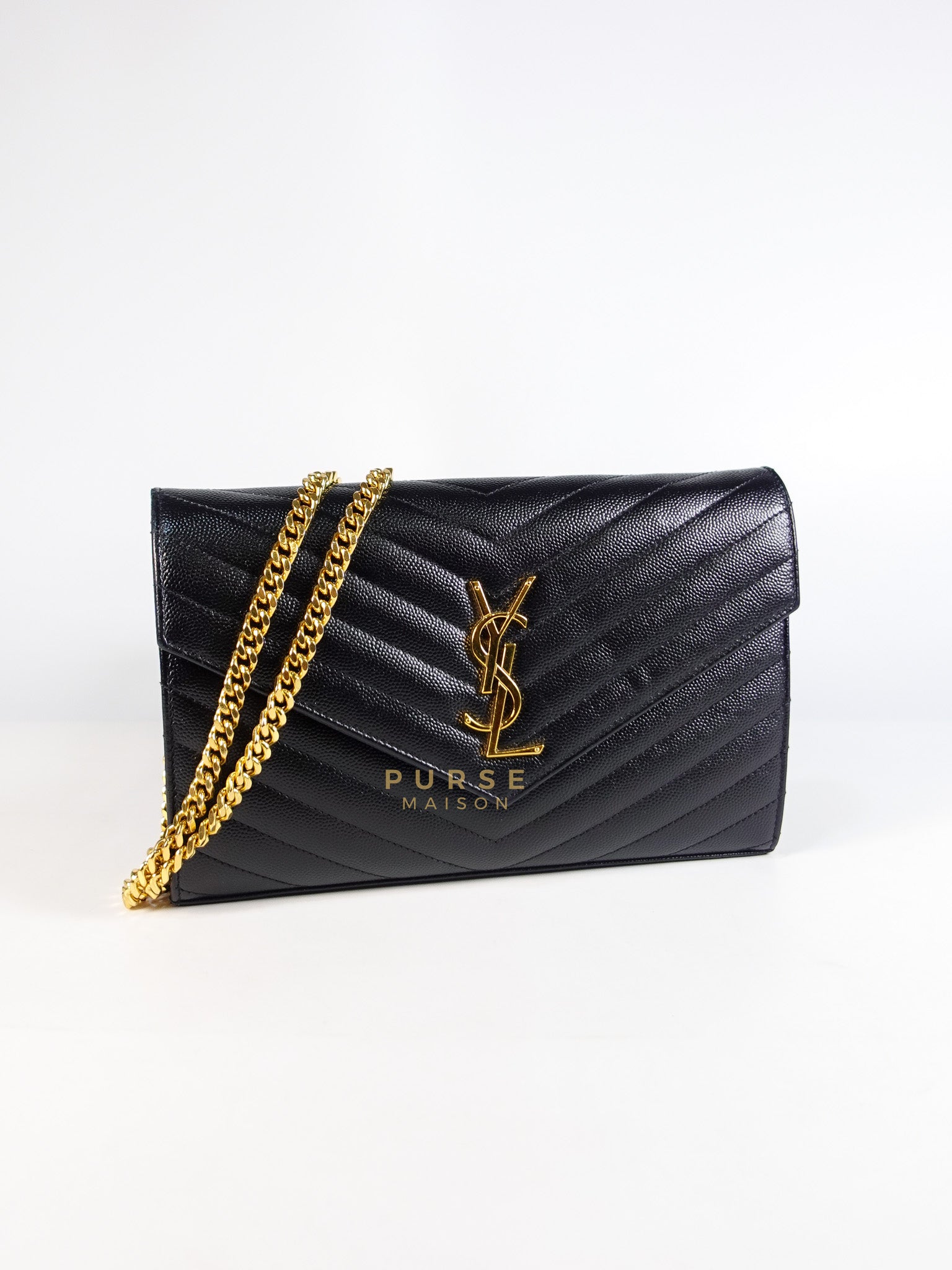Cassandre Wallet on Chain in Black Matelasse Leather & Gold Hardware | Purse Maison Luxury Bags Shop