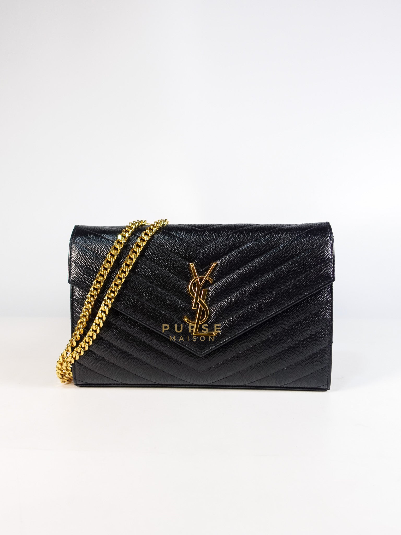 Cassandre Wallet on Chain in Black Matelasse Leather & Gold Hardware | Purse Maison Luxury Bags Shop