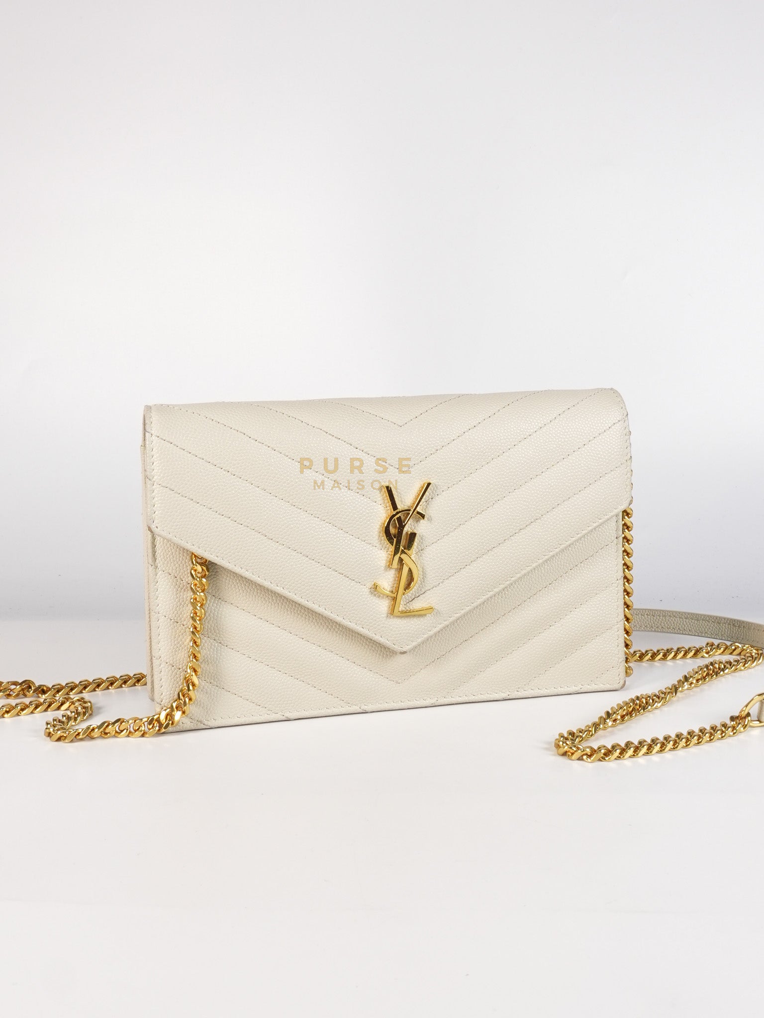 Cassandre Wallet On Chain in Off White Grain de Poudre Leather & Gold Hardware | Purse Maison Luxury Bags Shop