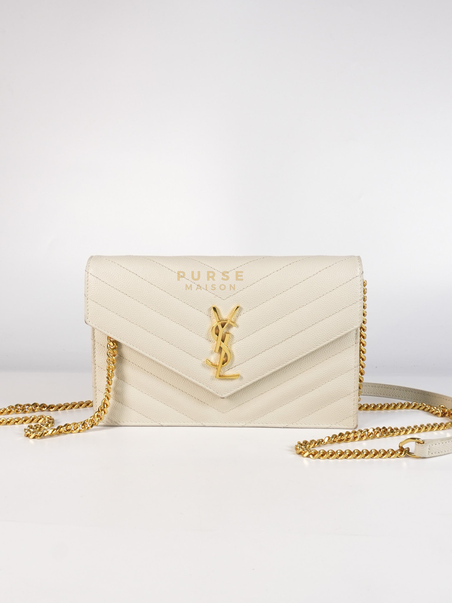 Cassandre Wallet On Chain in Off White Grain de Poudre Leather & Gold Hardware | Purse Maison Luxury Bags Shop