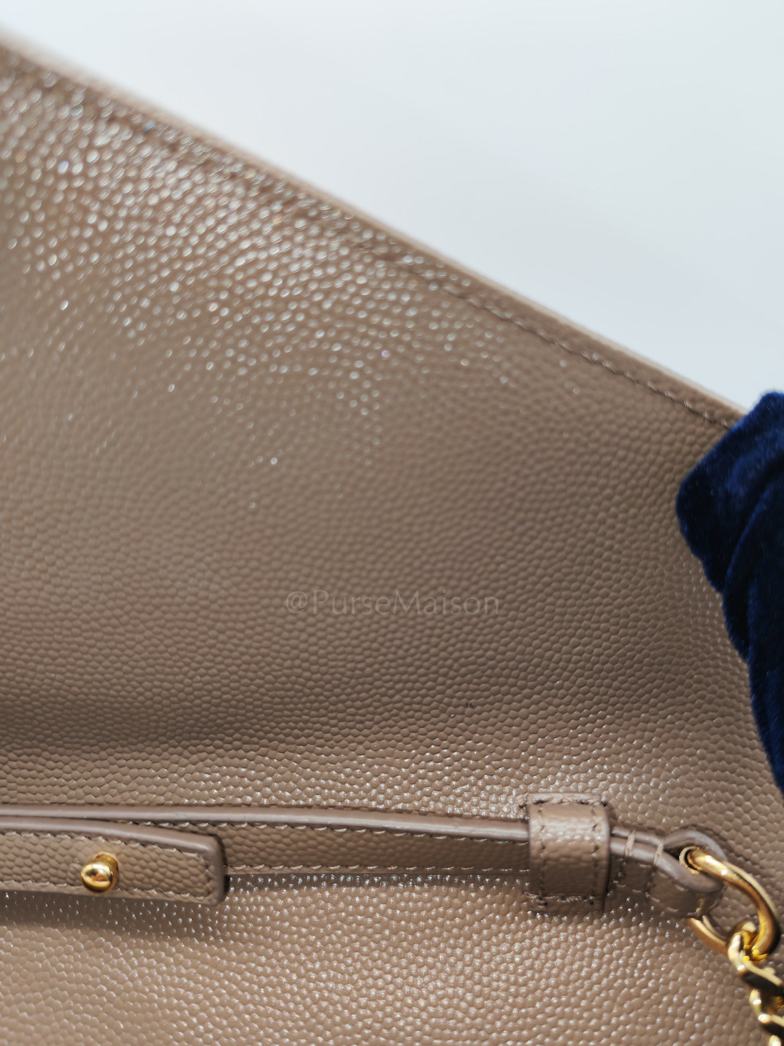 Cassandre Wallet on Chain in Taupe Chevron Quilted Grain De Poudre Calfskin Leather & Gold Hardware | Purse Maison Luxury Bags Shop