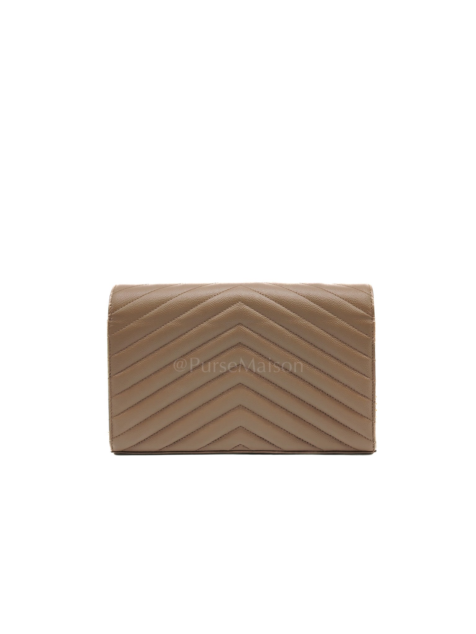 Cassandre Wallet on Chain in Taupe Chevron Quilted Grain De Poudre Calfskin Leather & Gold Hardware | Purse Maison Luxury Bags Shop