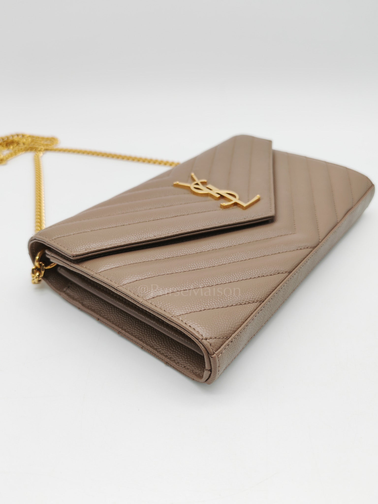 Cassandre Wallet on Chain in Taupe Chevron Quilted Grain De Poudre Calfskin Leather & Gold Hardware | Purse Maison Luxury Bags Shop