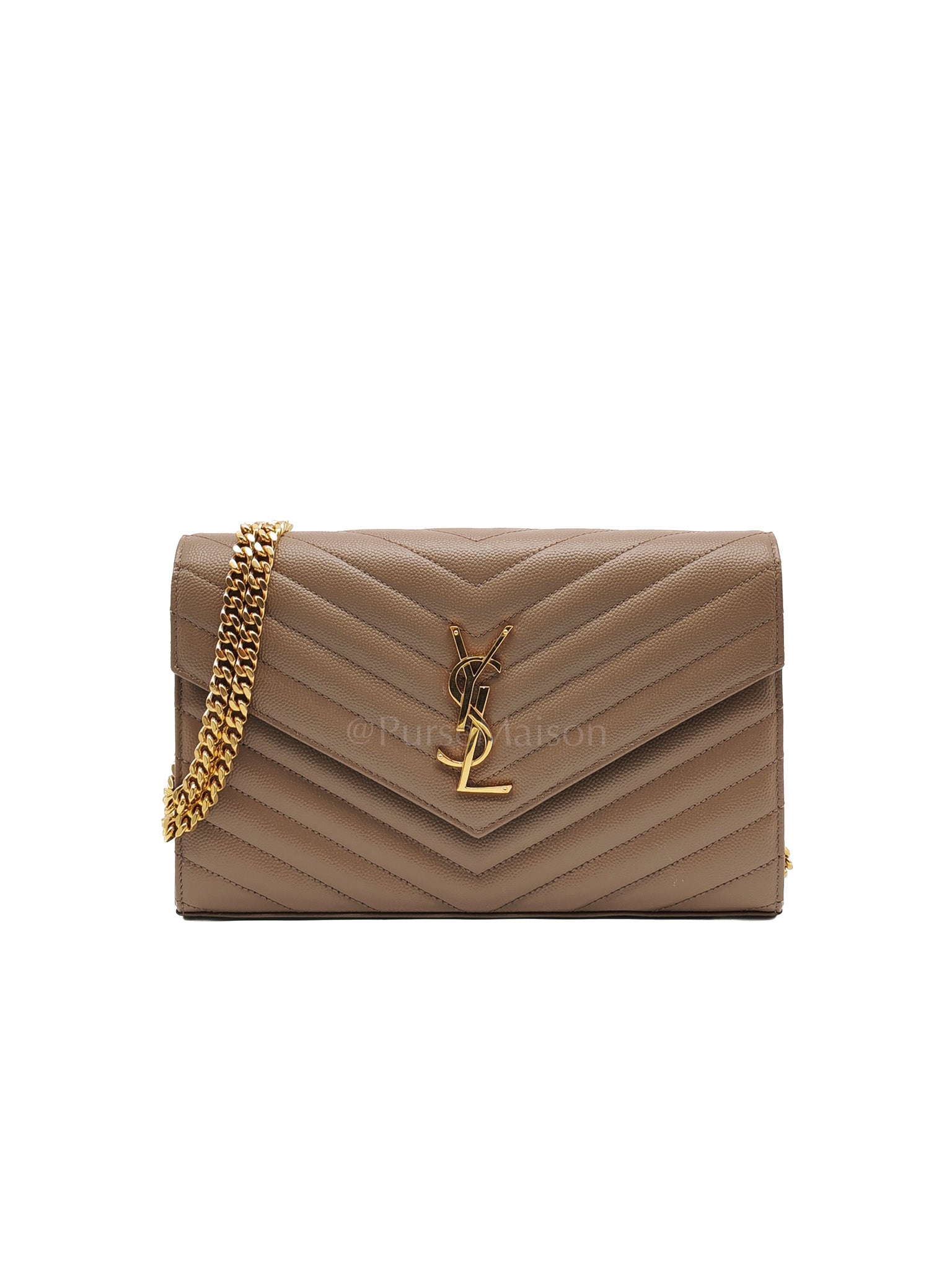 Cassandre Wallet on Chain in Taupe Chevron Quilted Grain De Poudre Calfskin Leather & Gold Hardware | Purse Maison Luxury Bags Shop