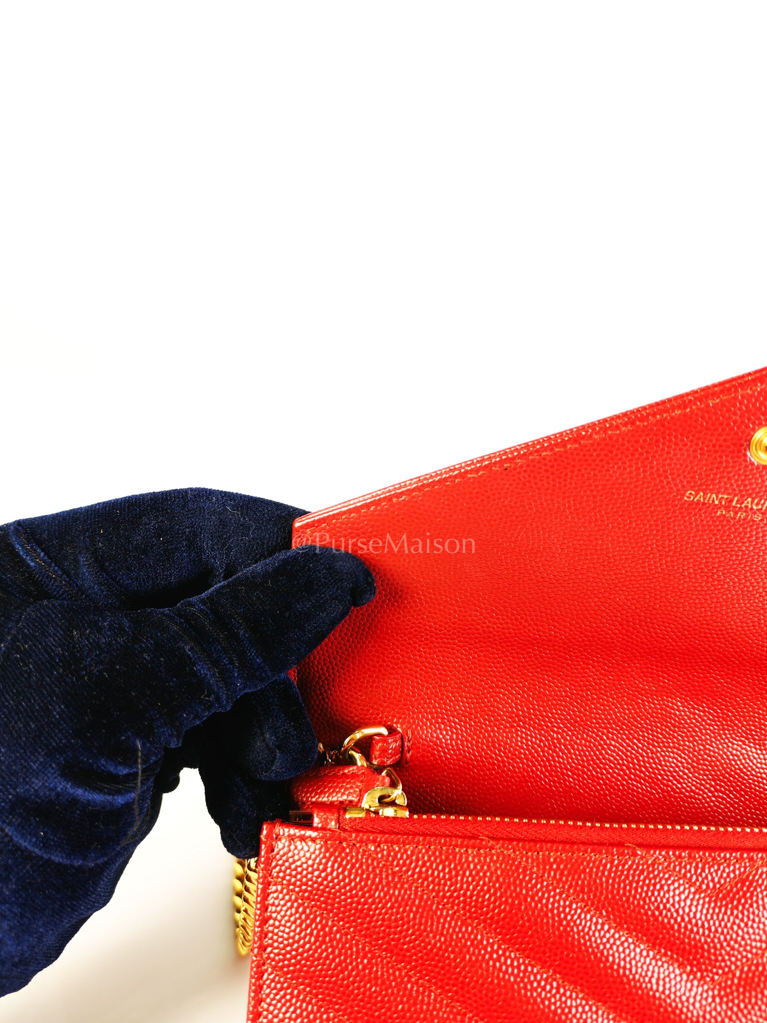 Cassandre Wallet on Chain (WOC) in Red Grained Calfskin Leather Chain Bag | Purse Maison Luxury Bags Shop