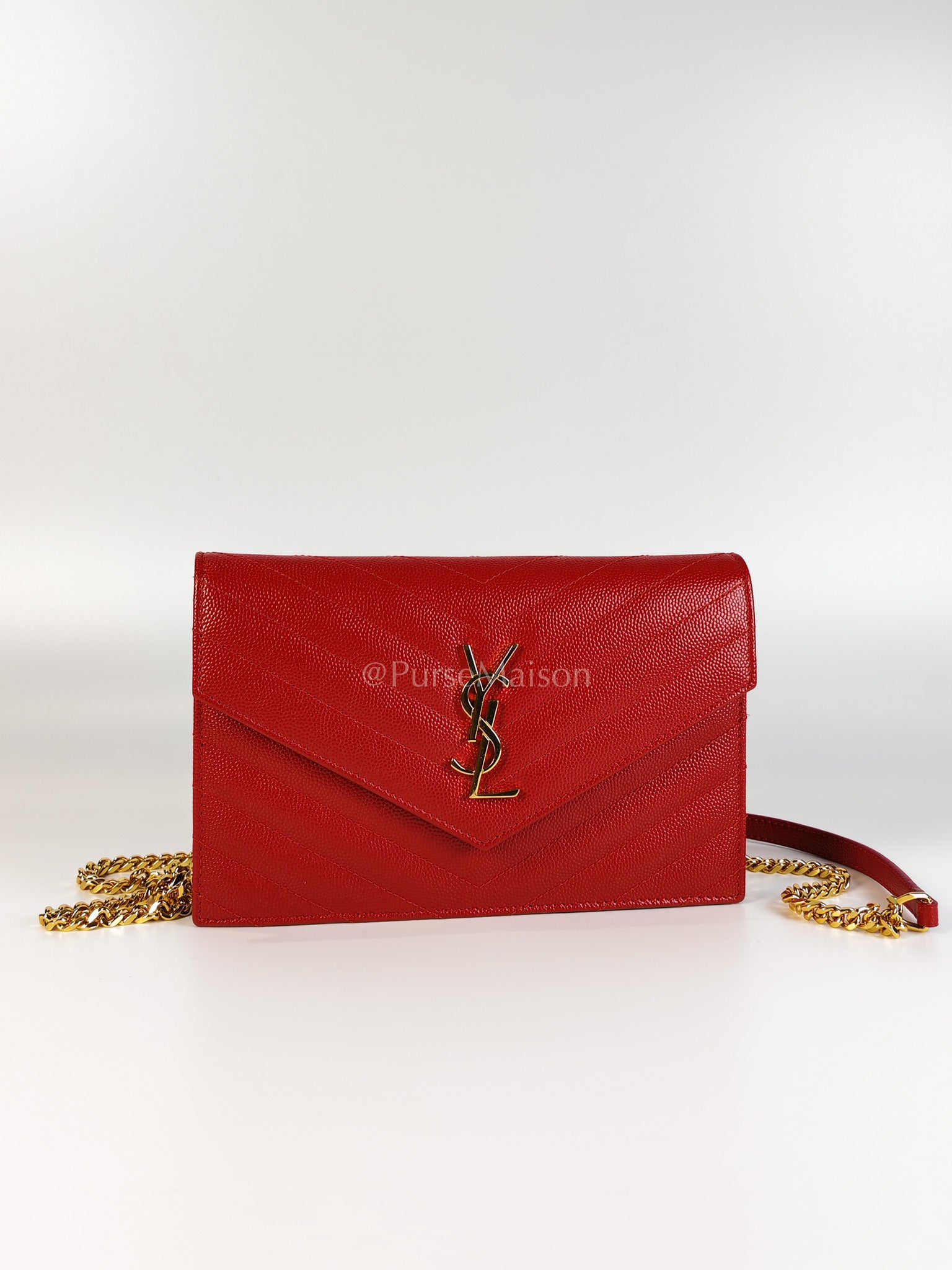 Cassandre Wallet on Chain (WOC) in Red Grained Calfskin Leather Chain Bag | Purse Maison Luxury Bags Shop