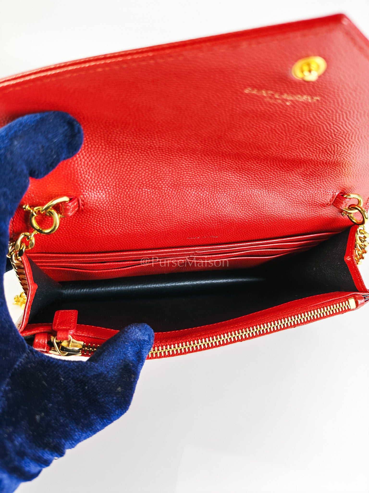 Cassandre Wallet on Chain (WOC) in Red Grained Calfskin Leather Chain Bag | Purse Maison Luxury Bags Shop