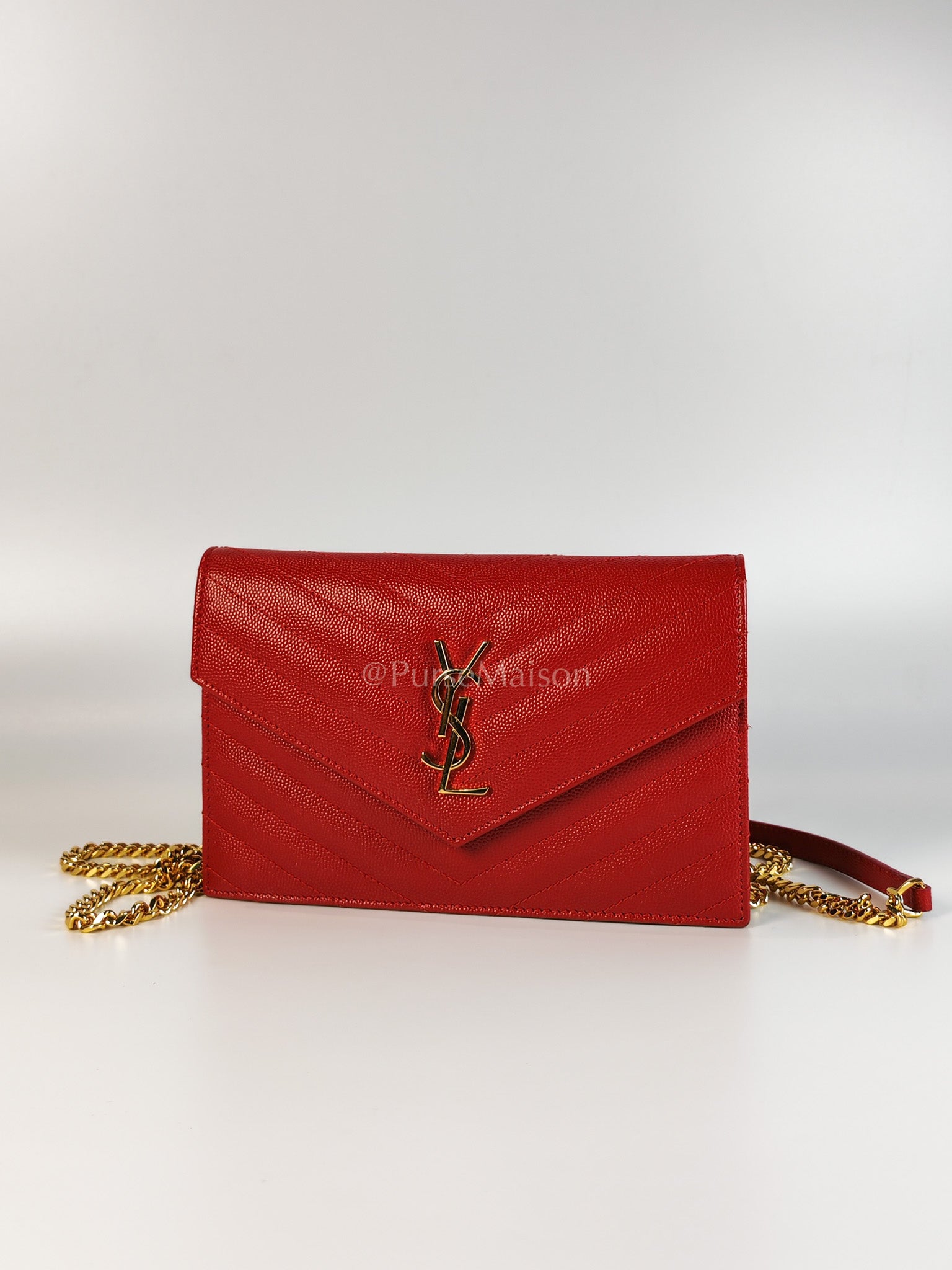 Cassandre Wallet on Chain (WOC) in Red Grained Calfskin Leather Chain Bag | Purse Maison Luxury Bags Shop