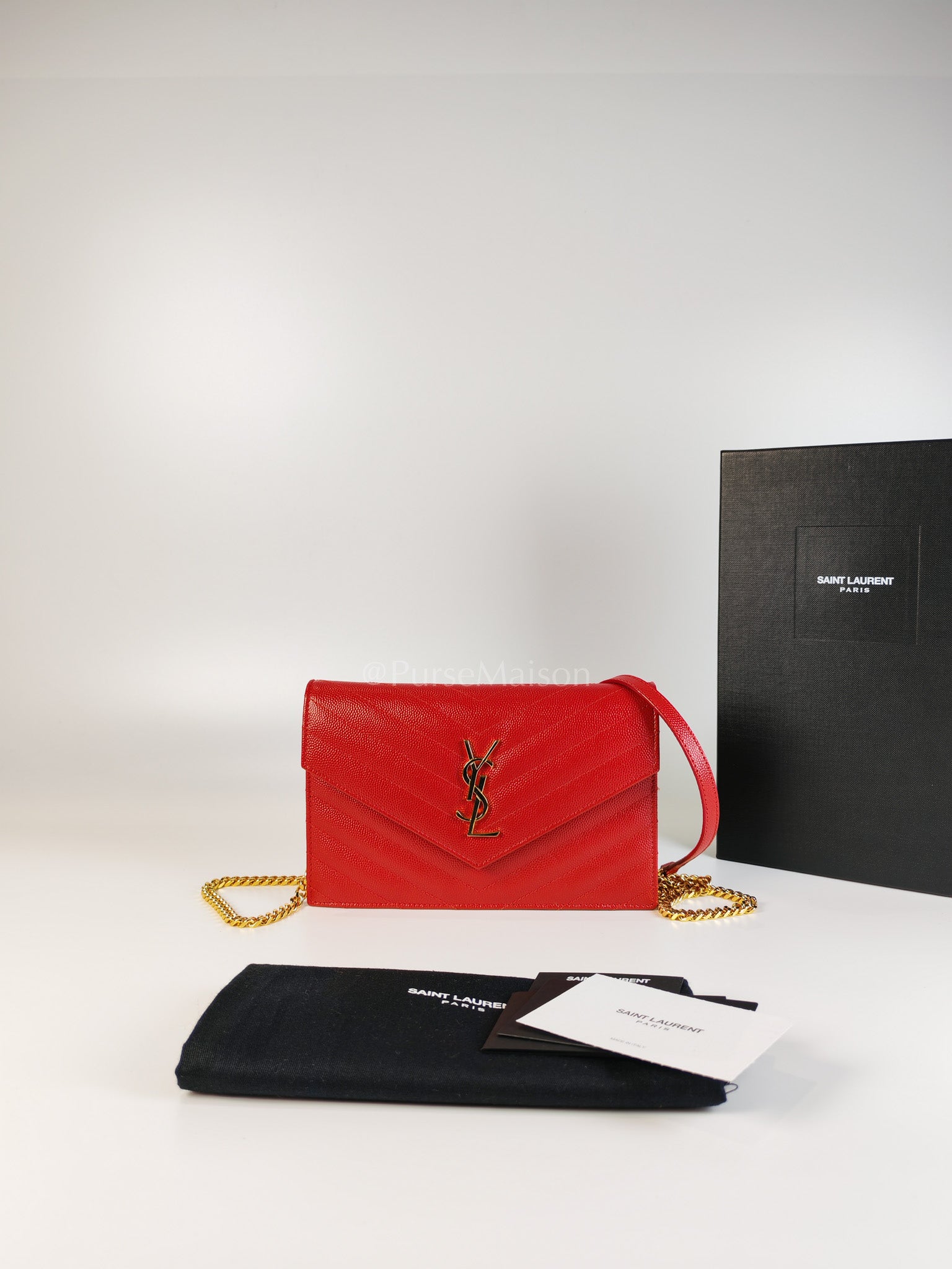 Cassandre Wallet on Chain (WOC) in Red Grained Calfskin Leather Chain Bag | Purse Maison Luxury Bags Shop