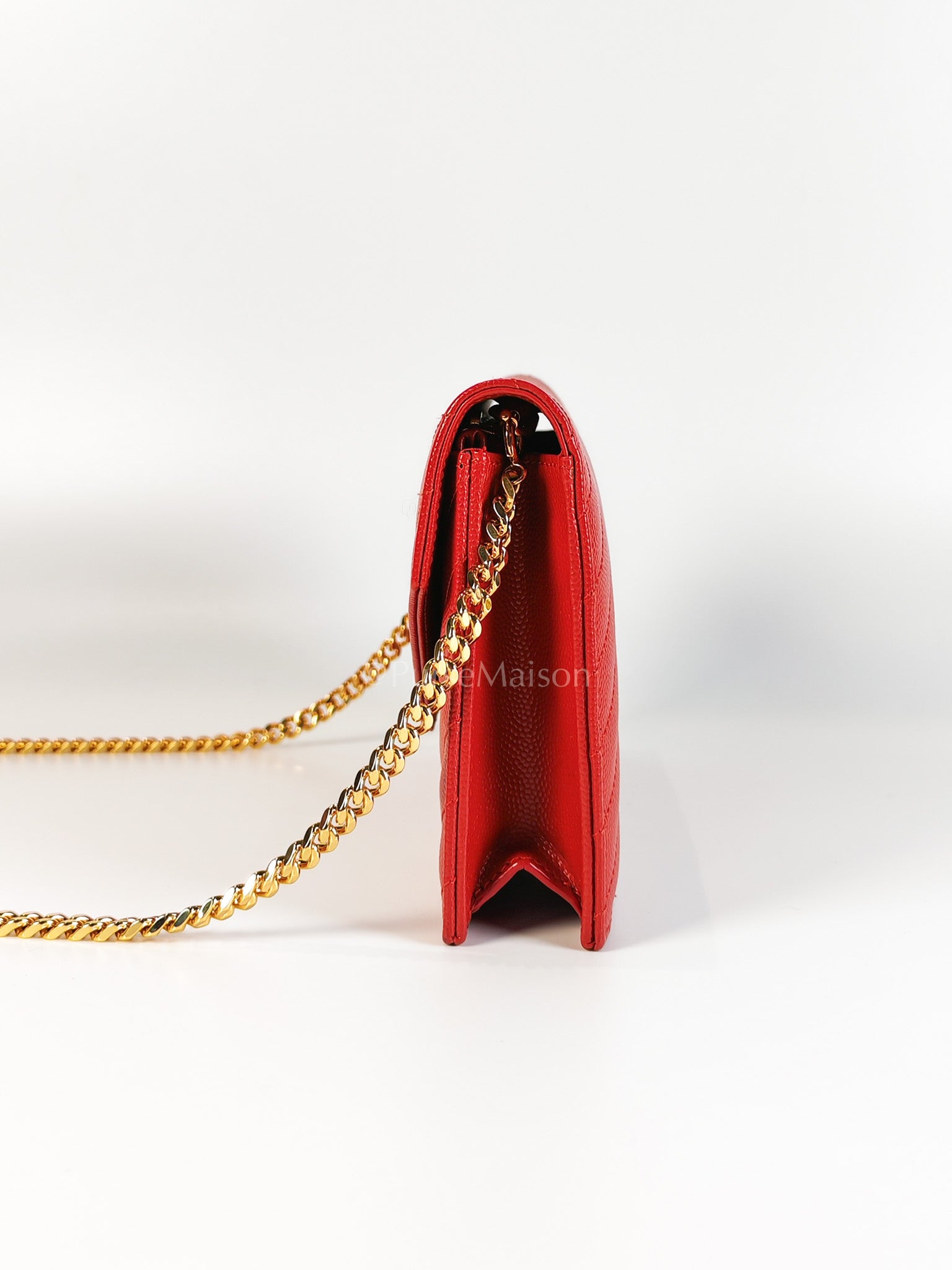 Cassandre Wallet on Chain (WOC) in Red Grained Calfskin Leather Chain Bag | Purse Maison Luxury Bags Shop